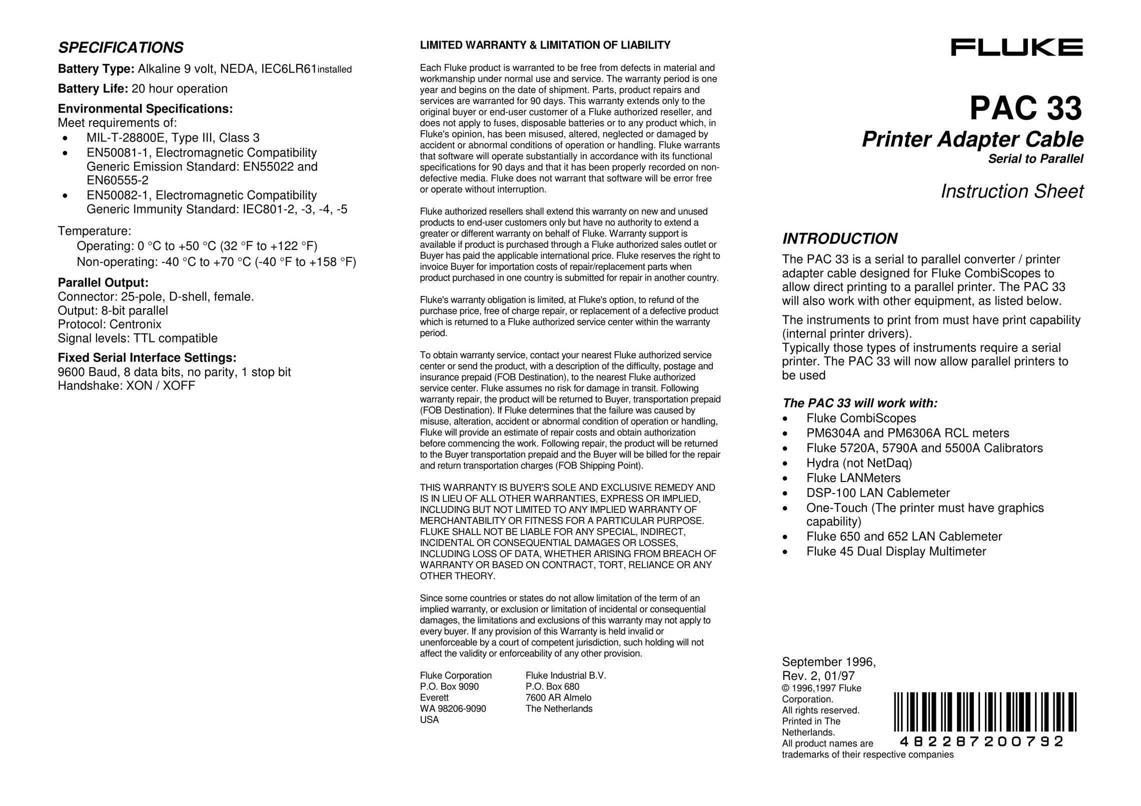 Fluke PAC 33 Printer Accessories User Manual