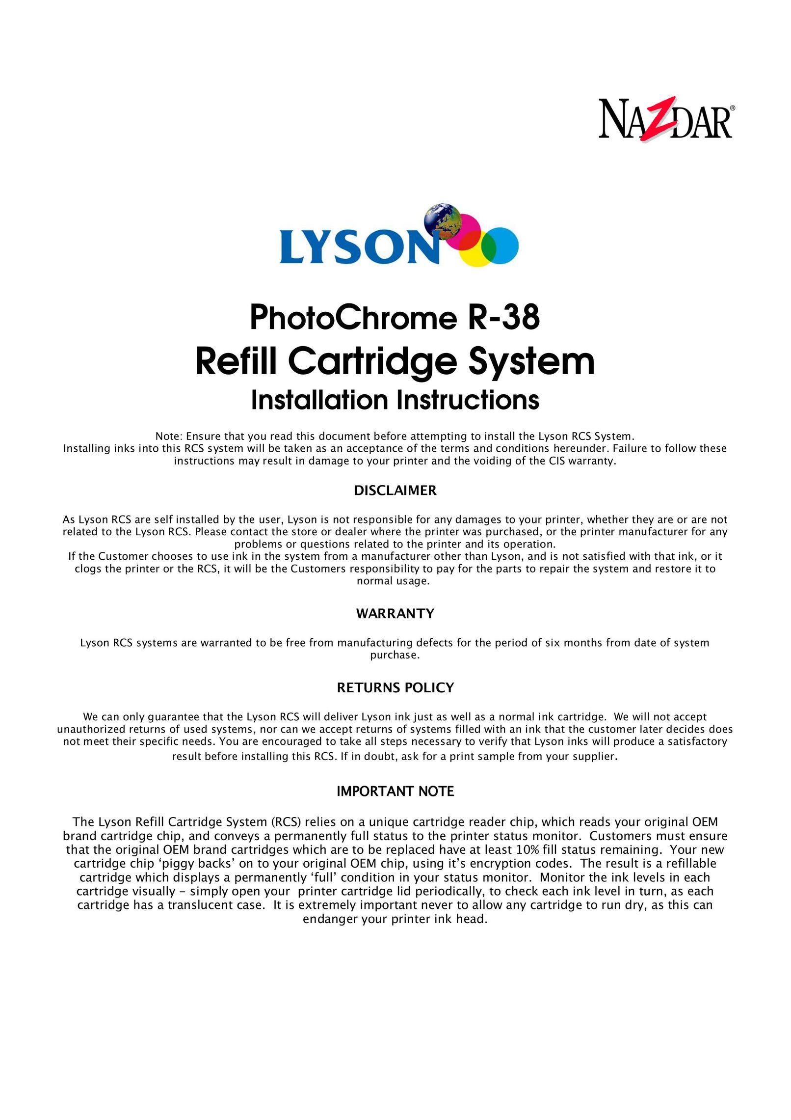 Lyson R-38 Printer Accessories User Manual