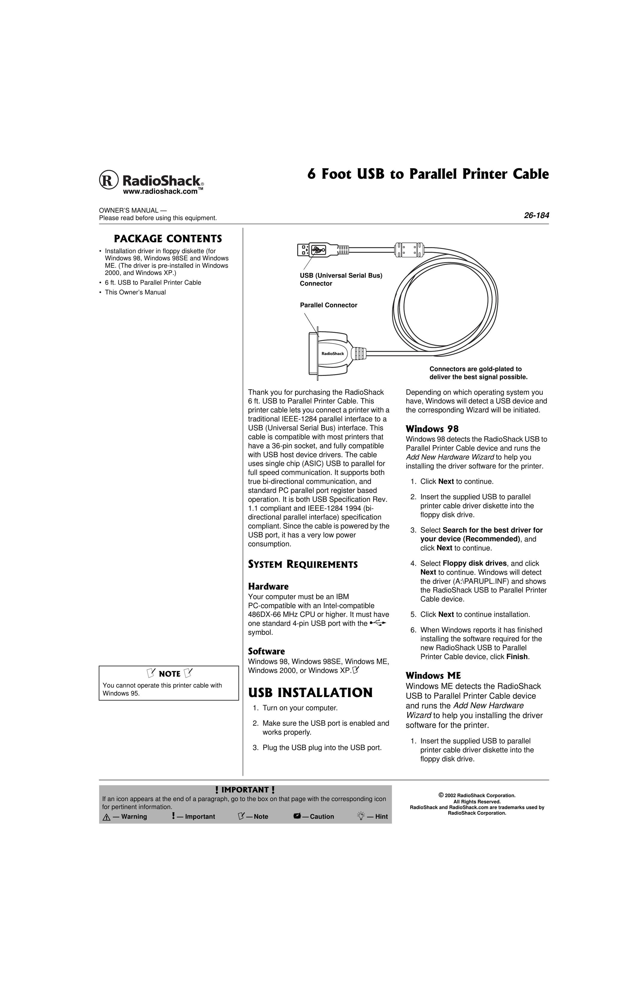 Radio Shack 26-184 Printer Accessories User Manual