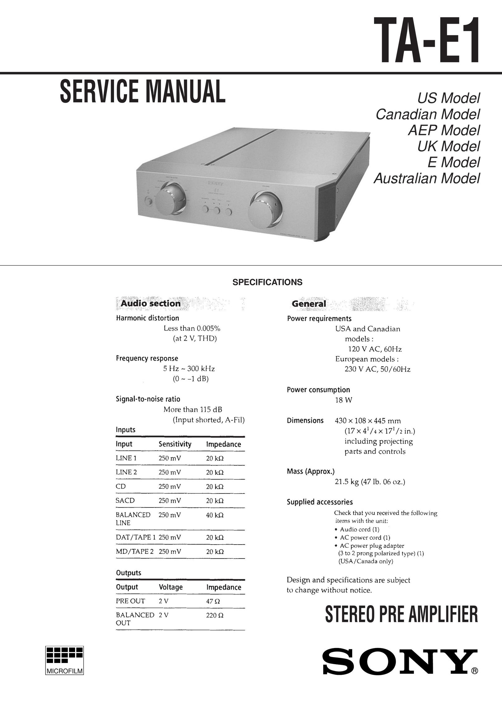 Sony TA-E1 Printer Accessories User Manual