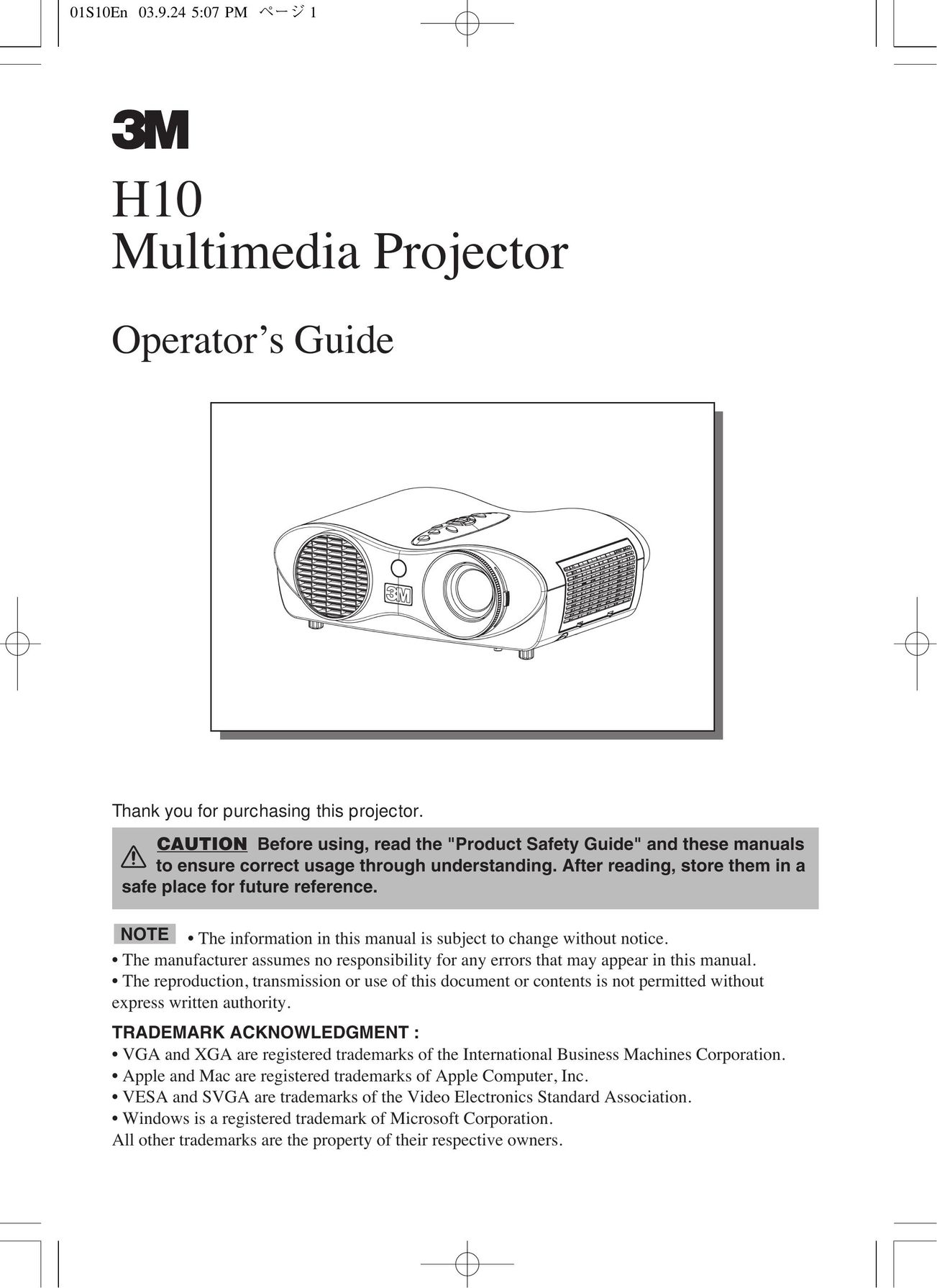 3M H10 Projector User Manual