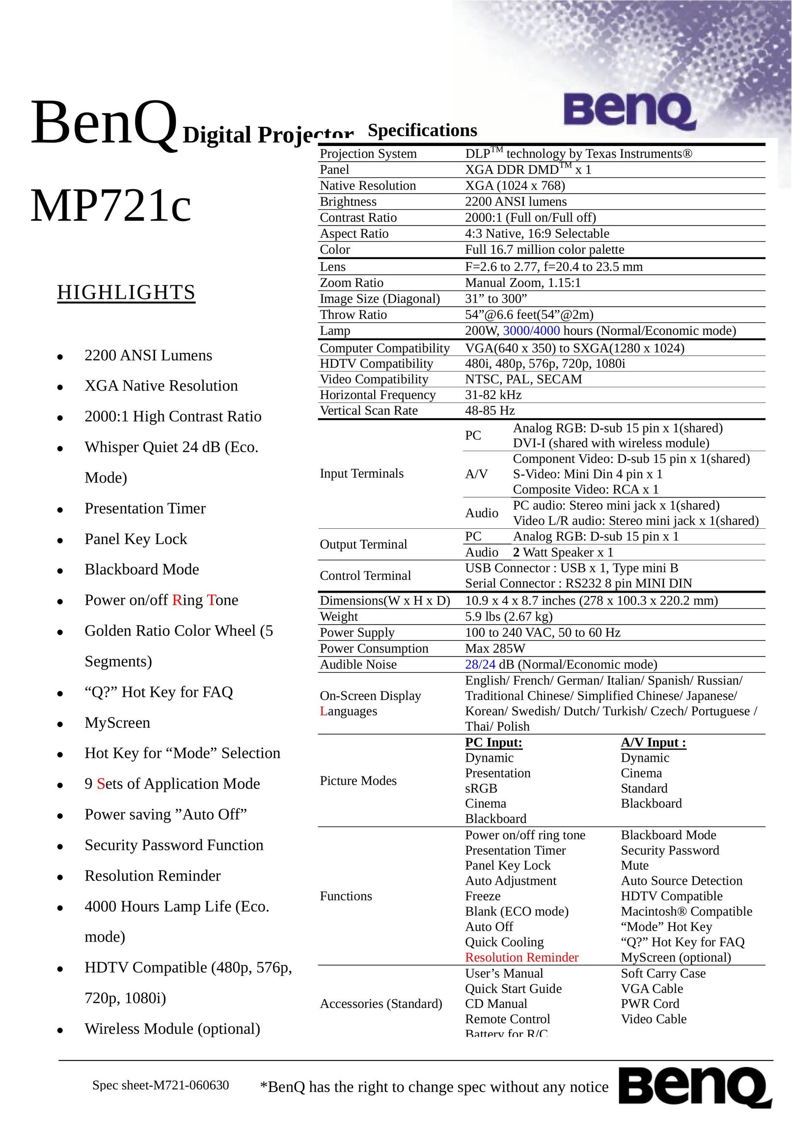 BenQ MP721c Projector User Manual