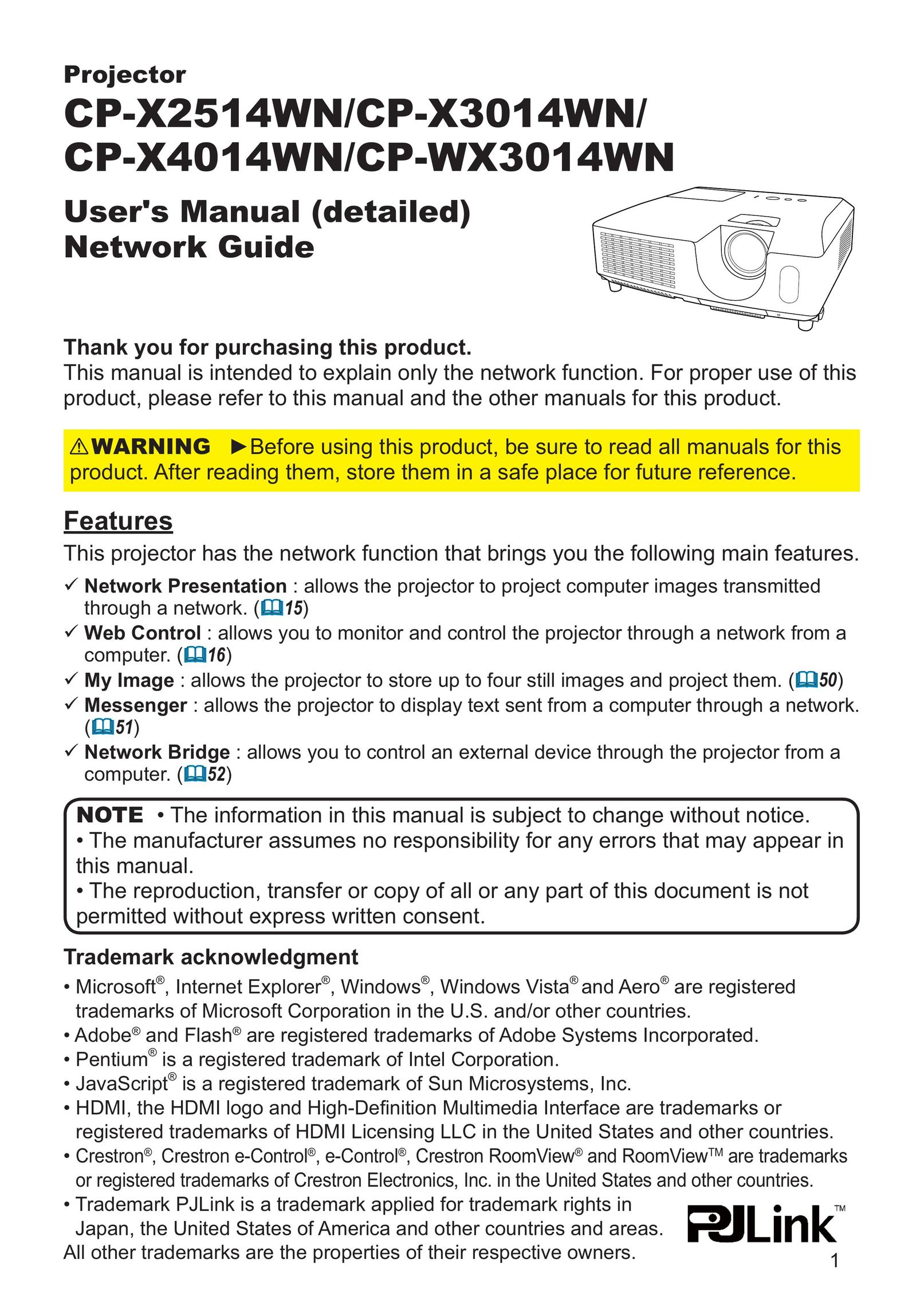 Crestron electronic CP-WX3014WN Projector User Manual