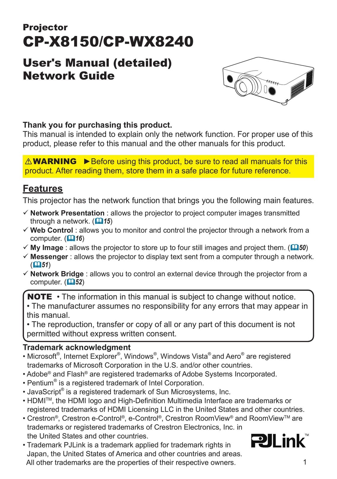 Crestron electronic CP-X8150 Projector User Manual