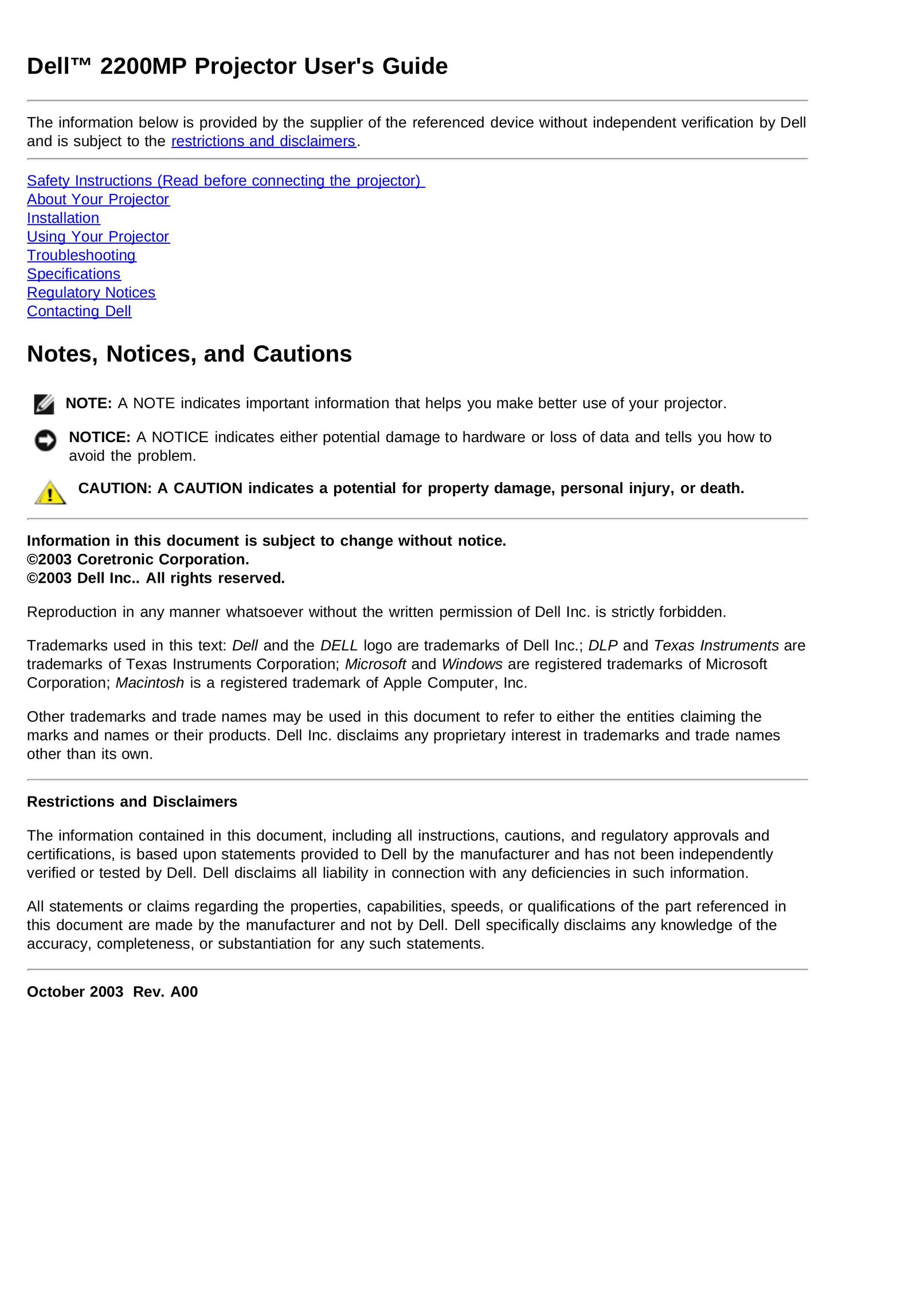 Dell 2200MP Projector User Manual