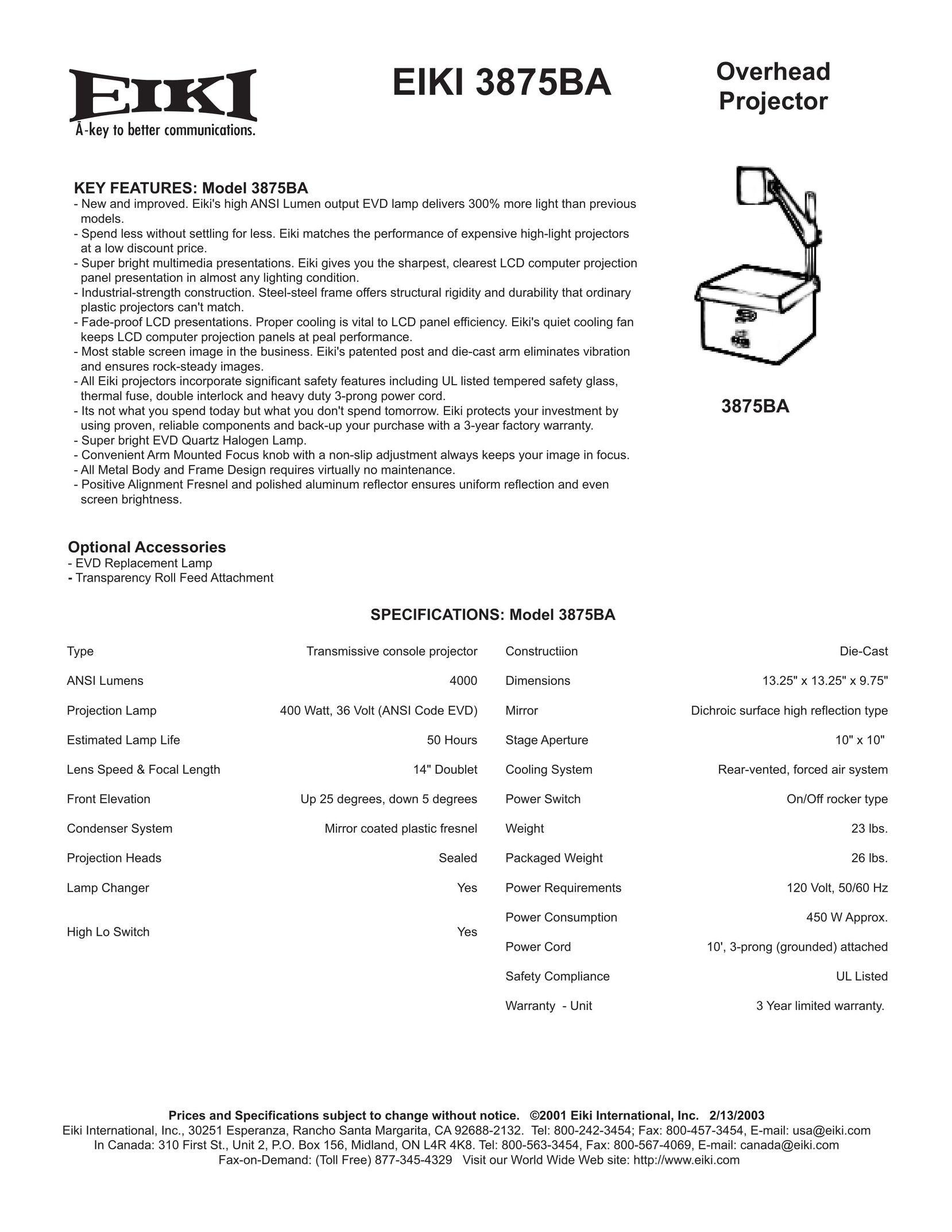 Eiki 3875BA Projector User Manual