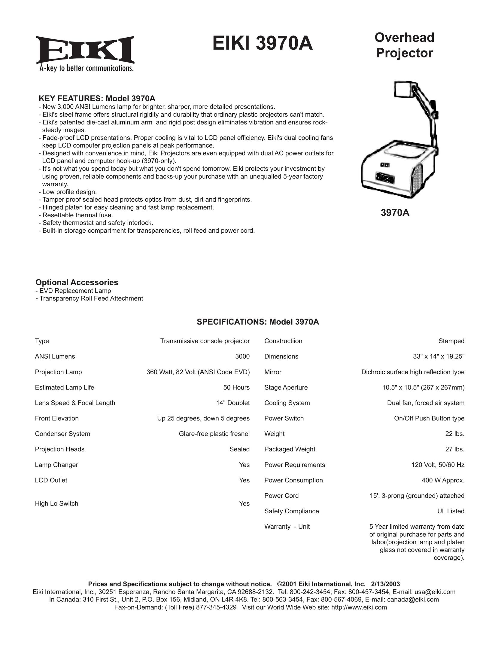 Eiki 3970A Projector User Manual