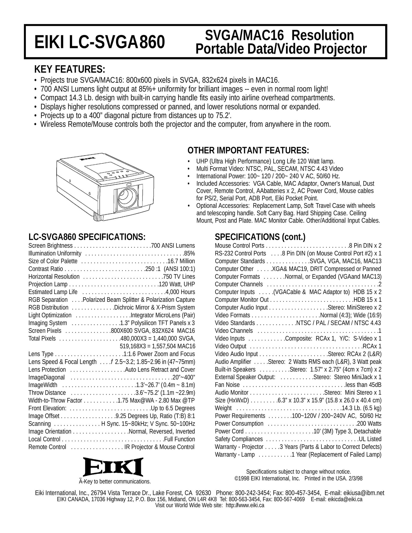 Eiki EIKI LC-SVGA860 Projector User Manual