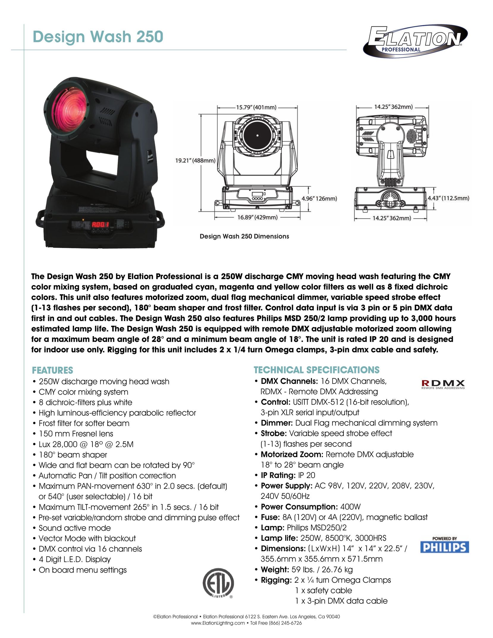 Elation Professional Wash 250 Projector User Manual