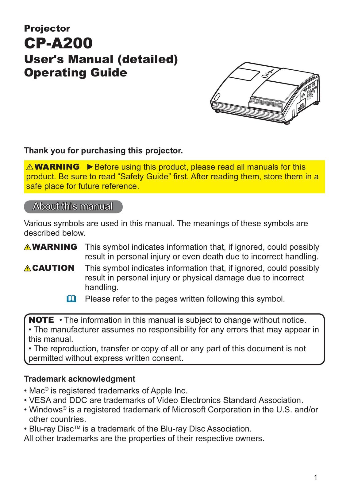 Hitachi CP-A200 Projector User Manual