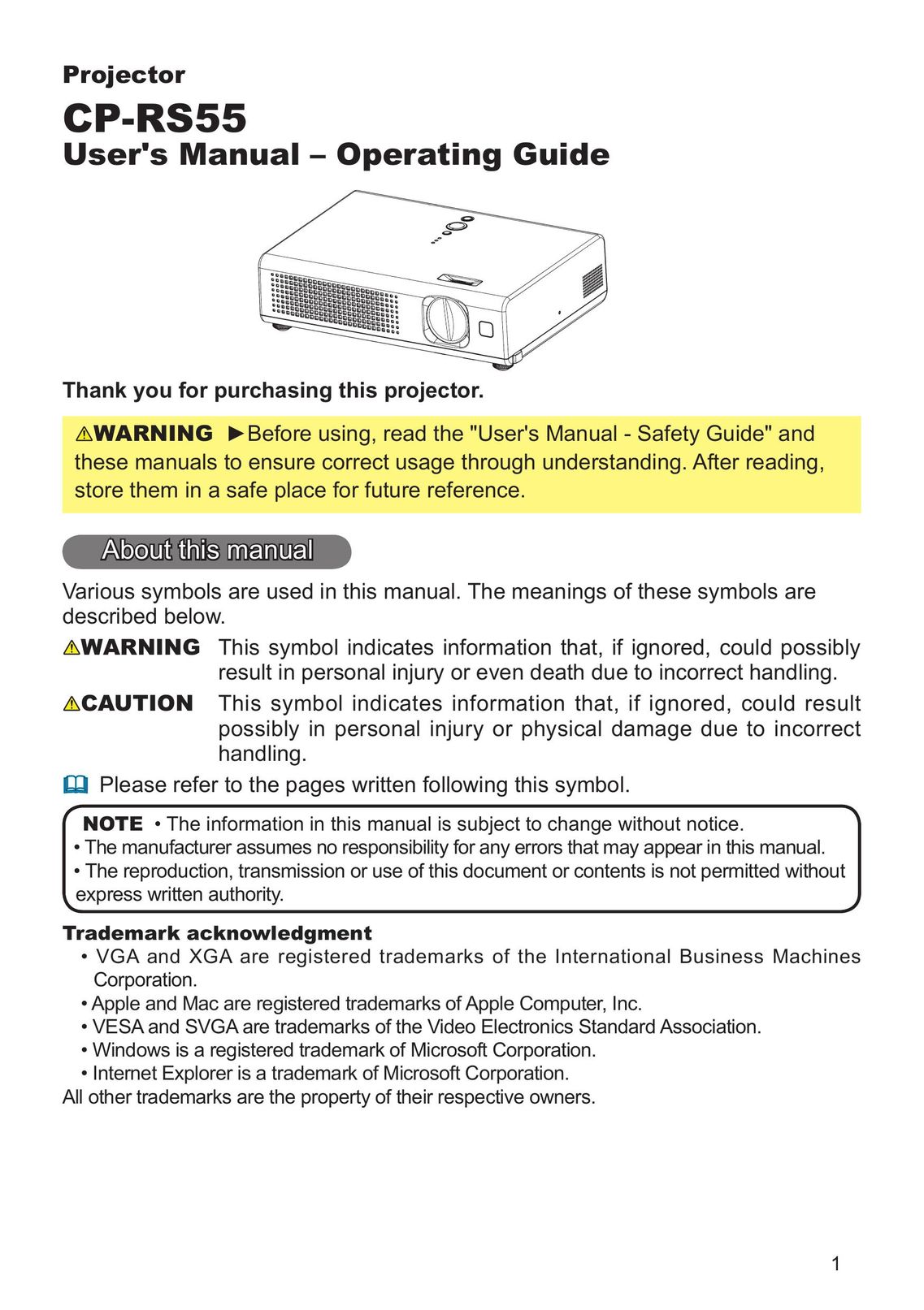 Hitachi CP-RS55 Projector User Manual