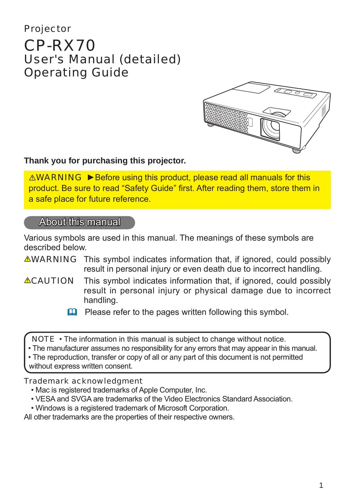 Hitachi CP-RX70 Projector User Manual
