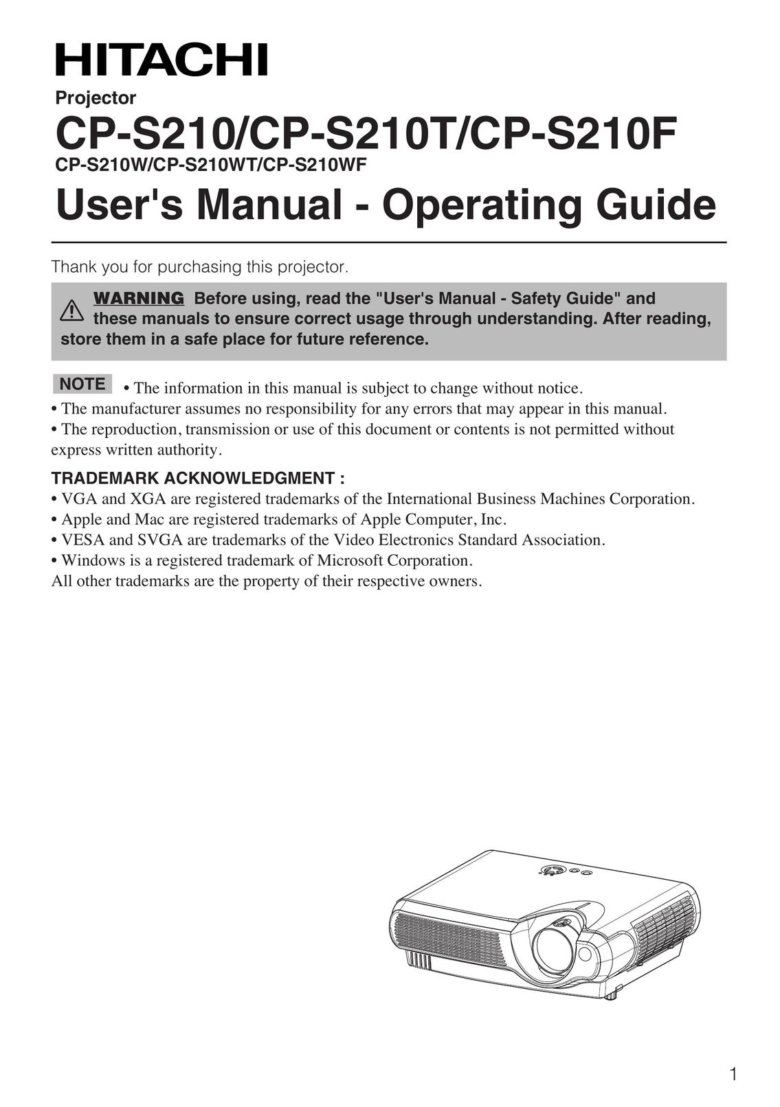 Hitachi CP-S210 Projector User Manual