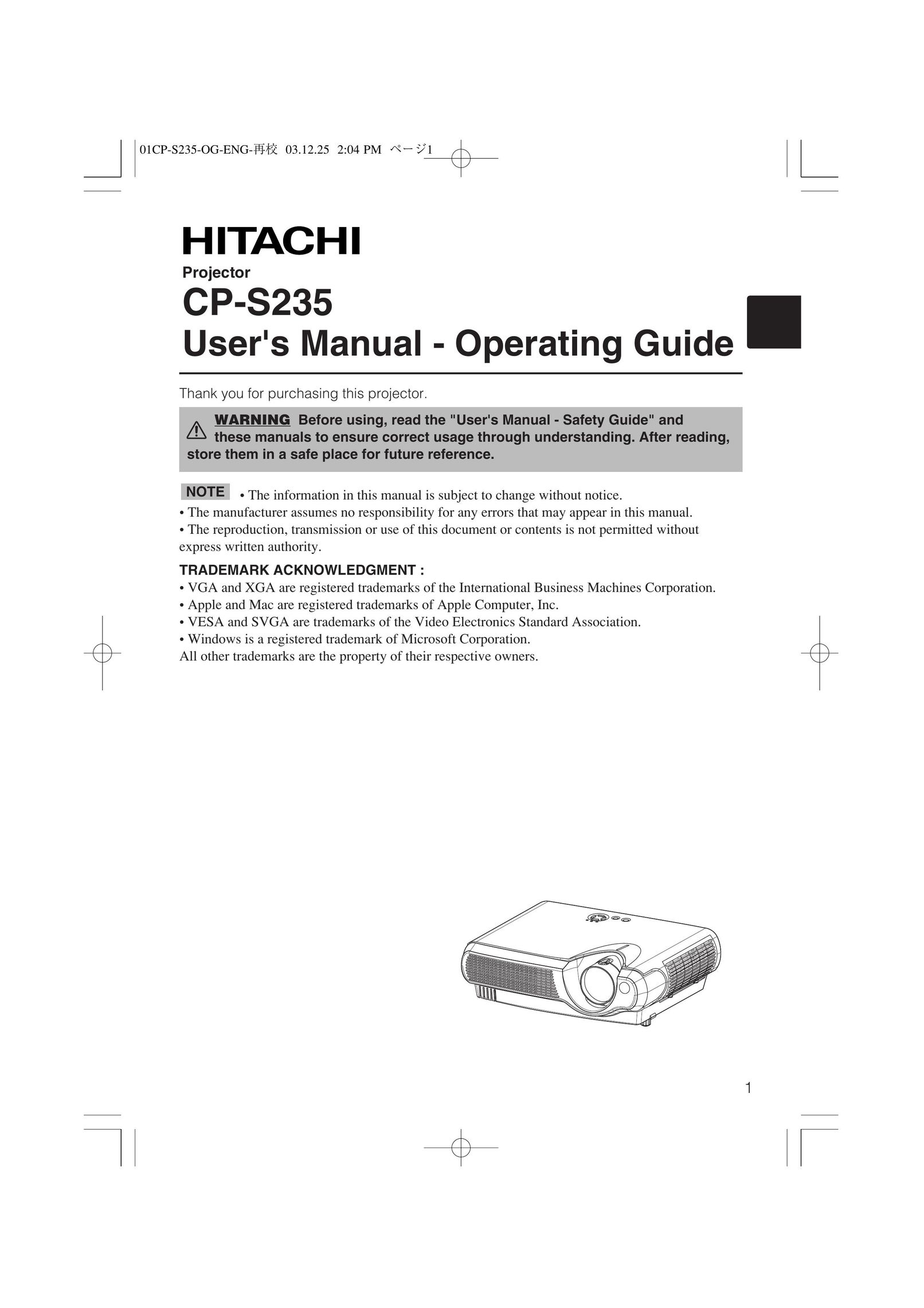 Hitachi CP-S235 Projector User Manual
