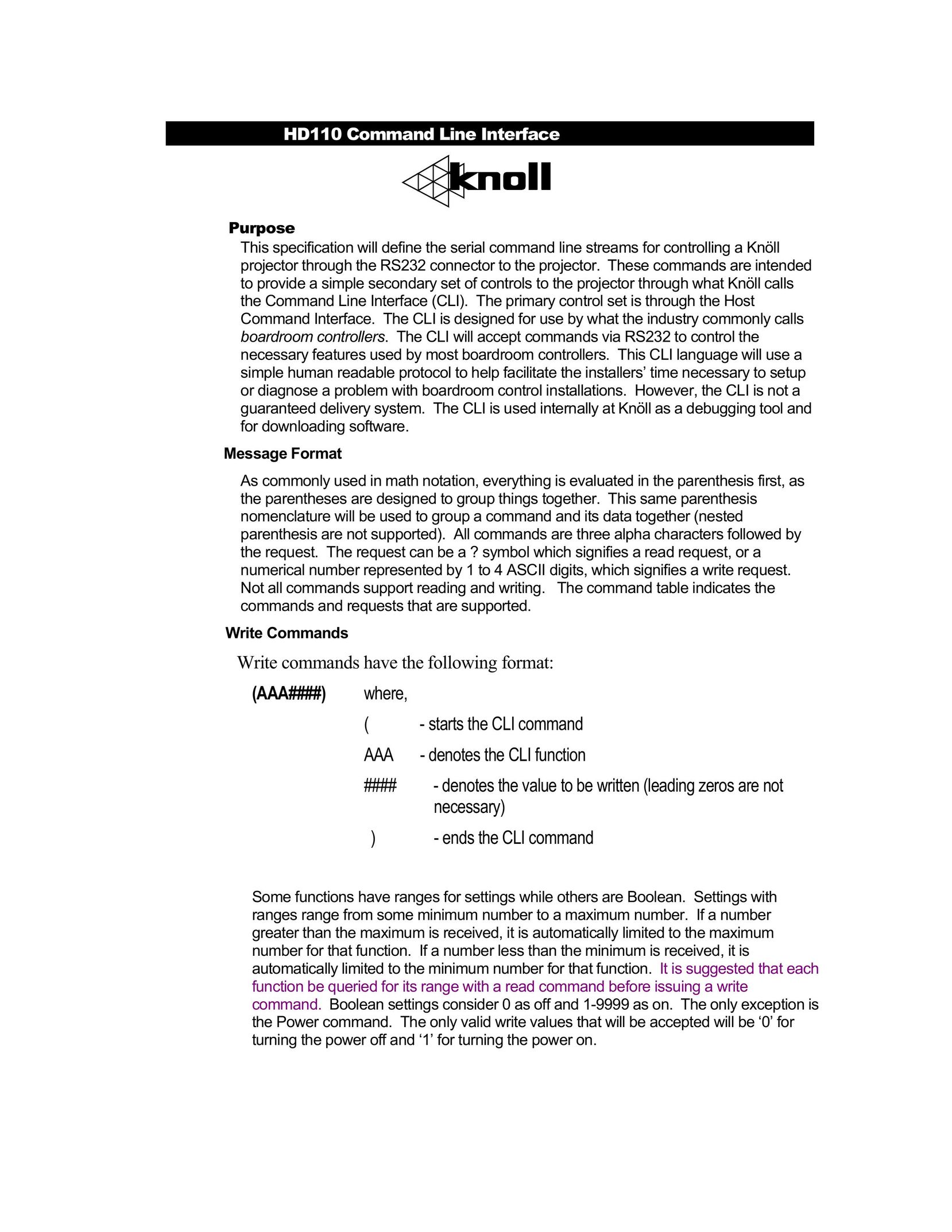 Knoll Systems HD110 Projector User Manual