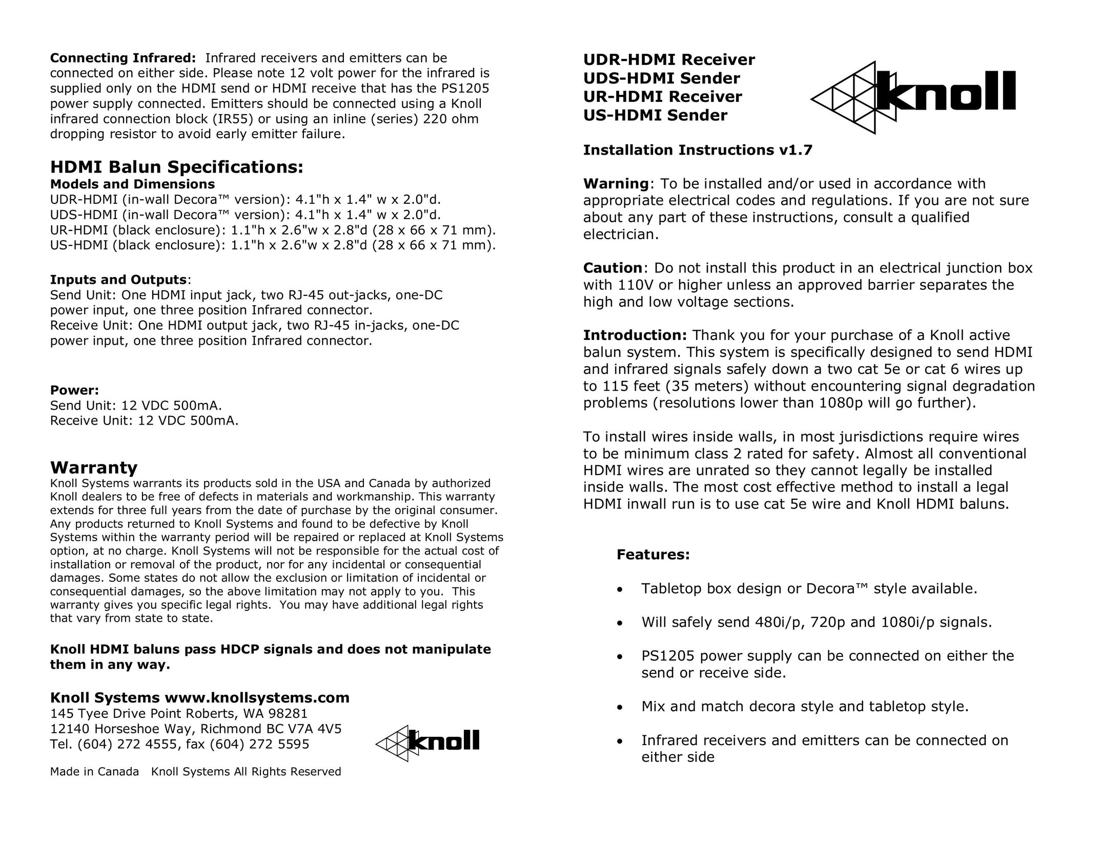 Knoll Systems UDR-HDMI Projector User Manual
