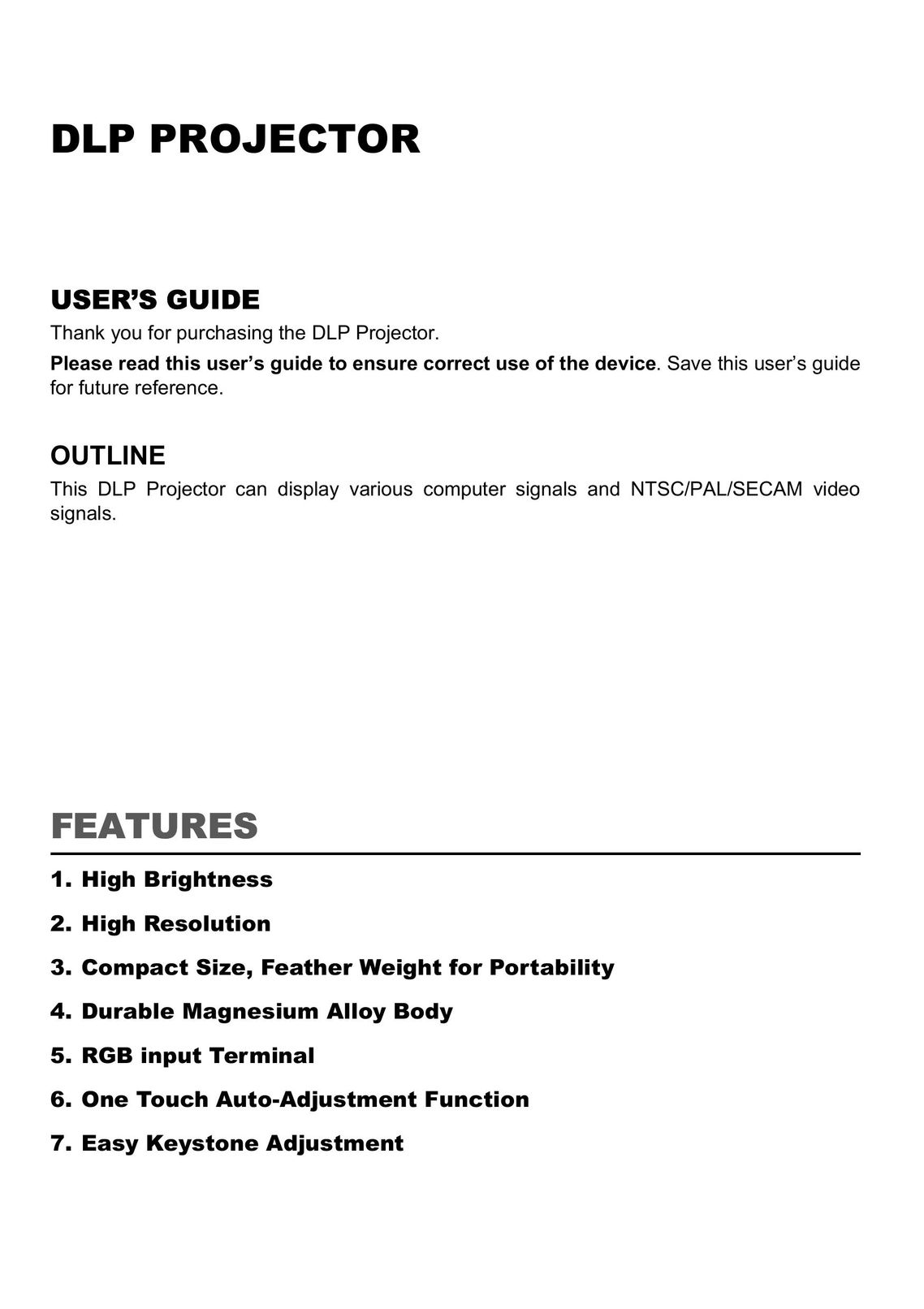 LG Electronics 1024X768 XGA Projector User Manual