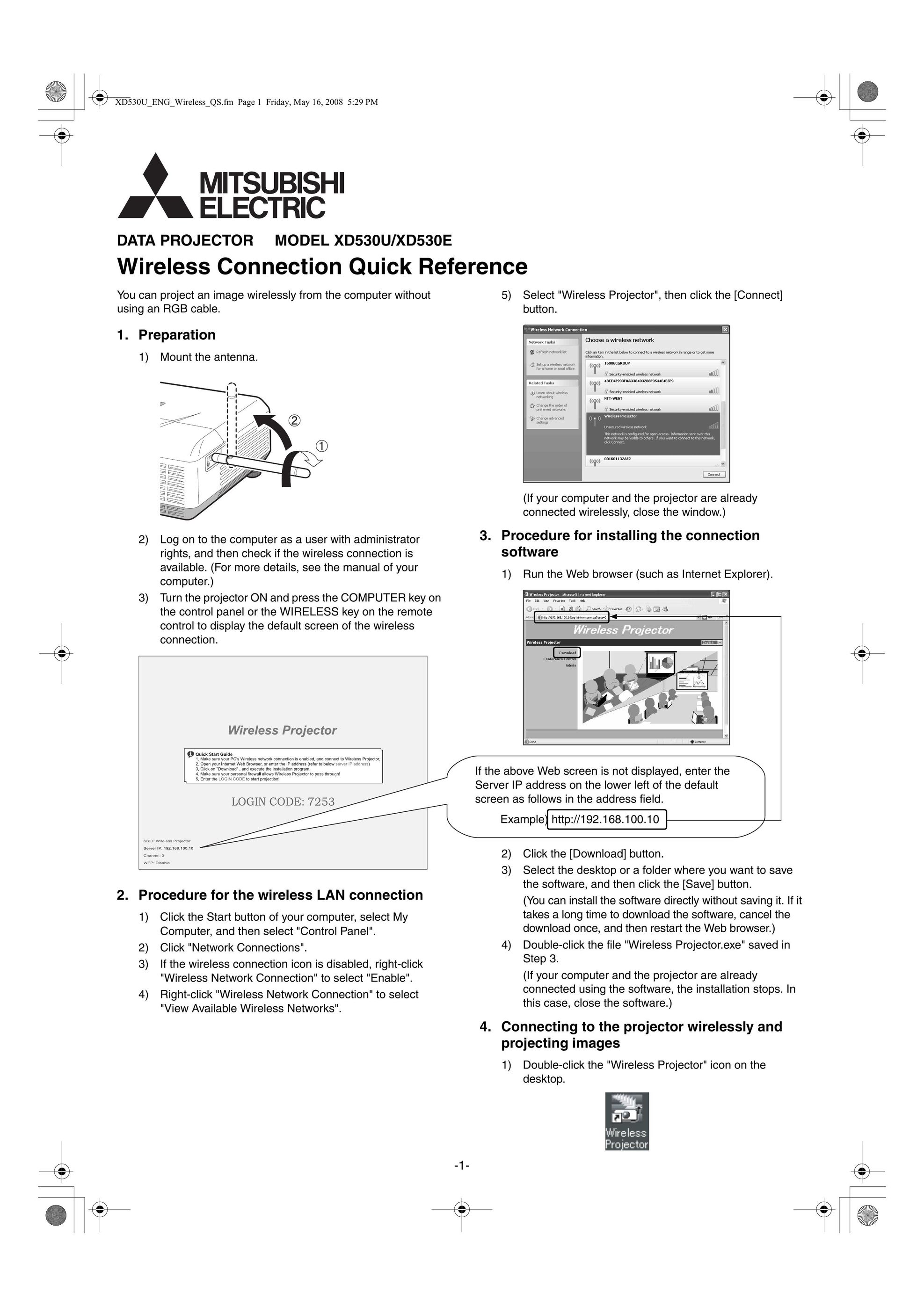 Mitsubishi XD530E Projector User Manual