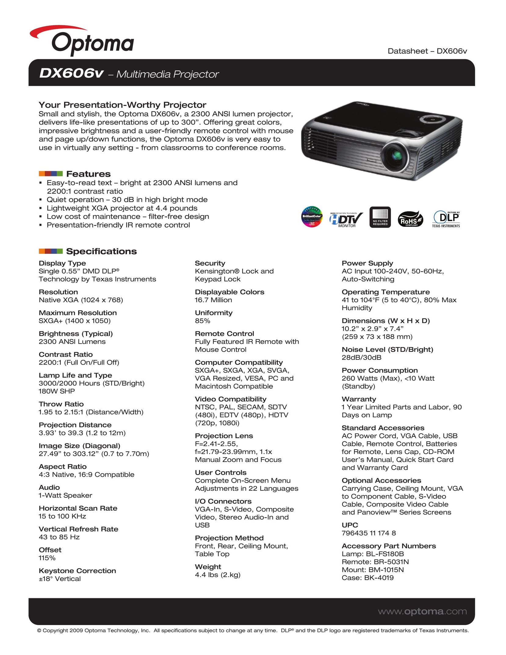 Optoma Technology DX606V Projector User Manual