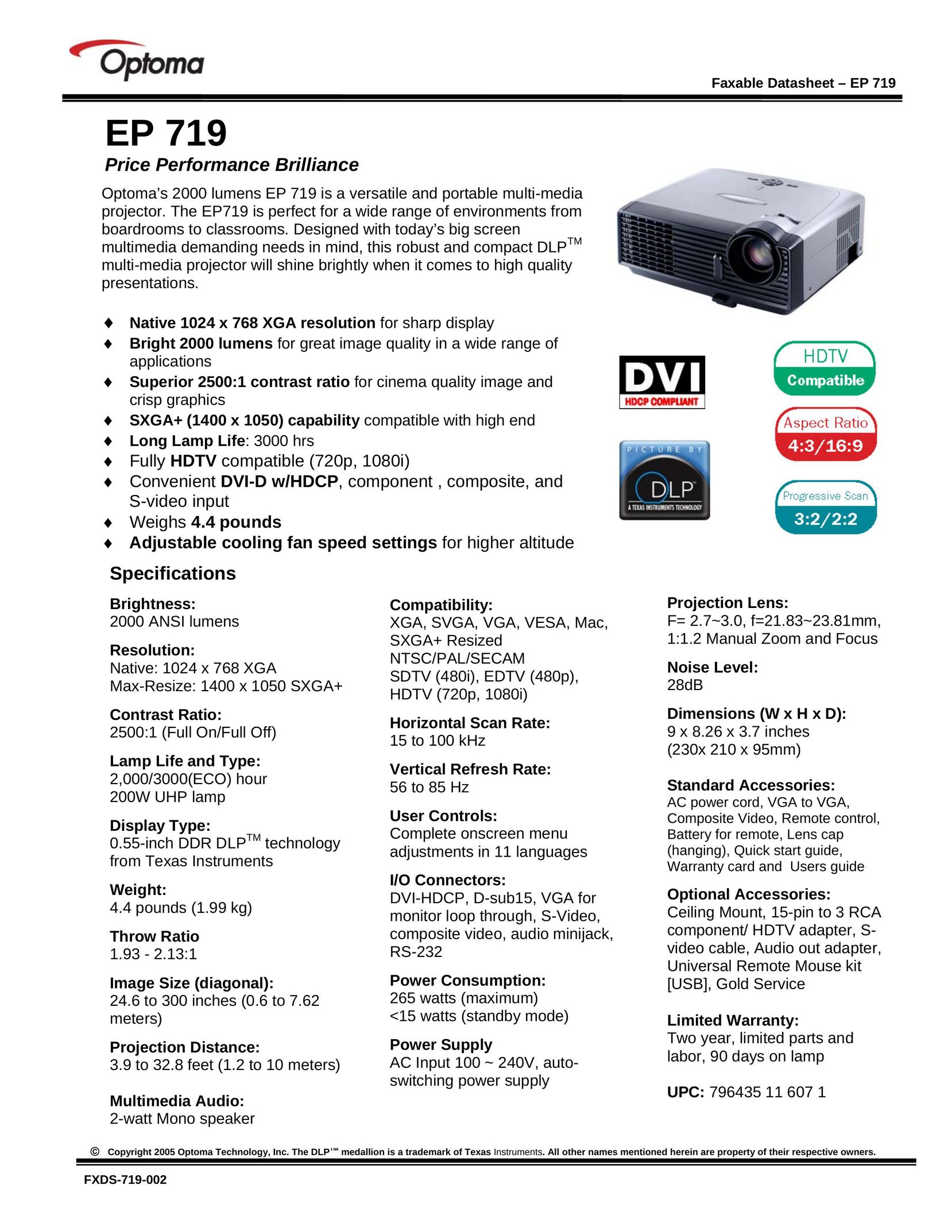 Optoma Technology EP 719 Projector User Manual