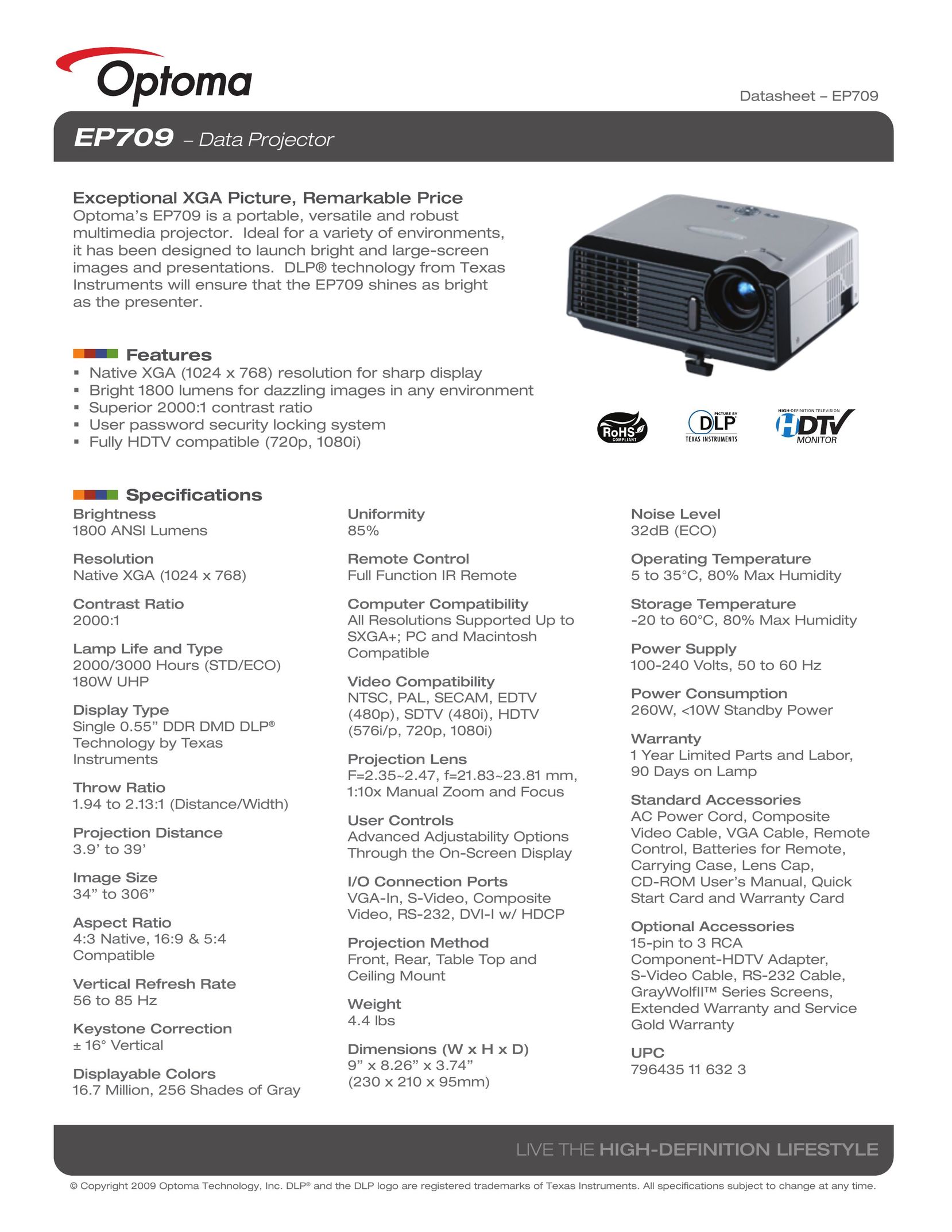 Optoma Technology EP709 Projector User Manual