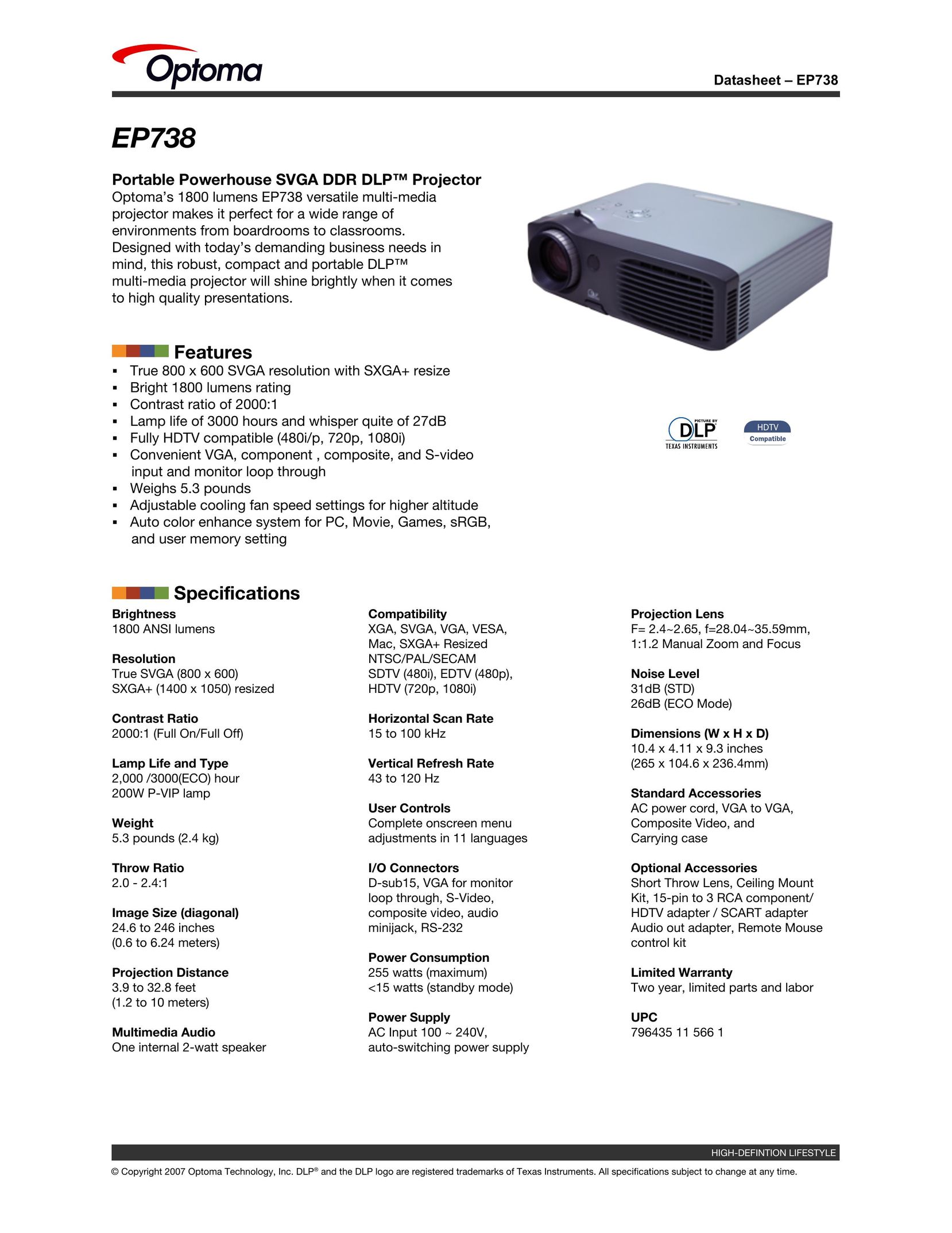 Optoma Technology EP738 Projector User Manual