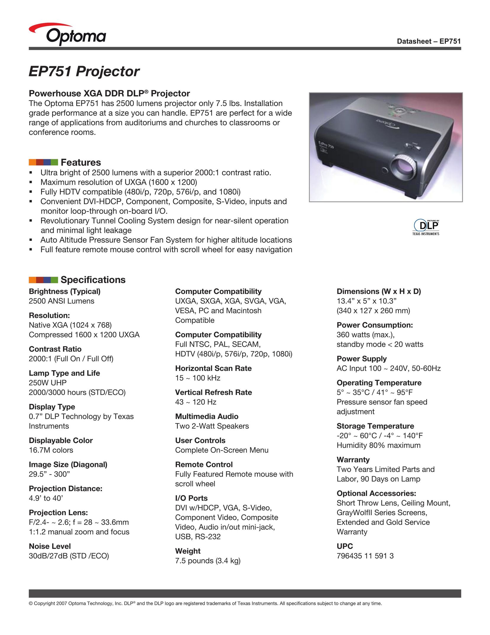 Optoma Technology EP751 Projector User Manual