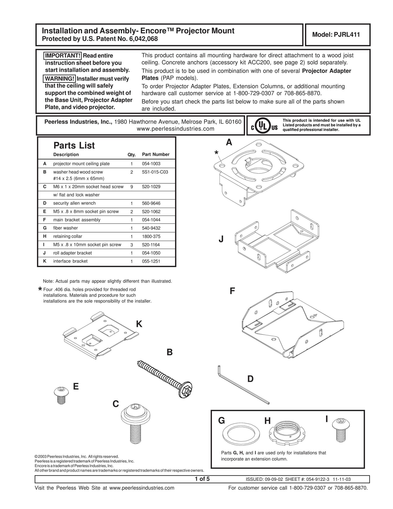 Peerless Industries PJRL411 Projector User Manual