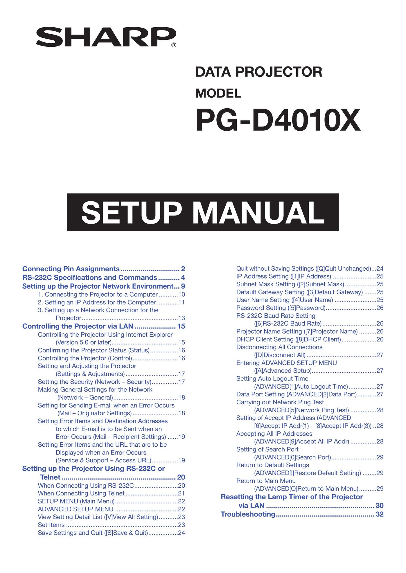 Sharp PG-D4010X Projector User Manual