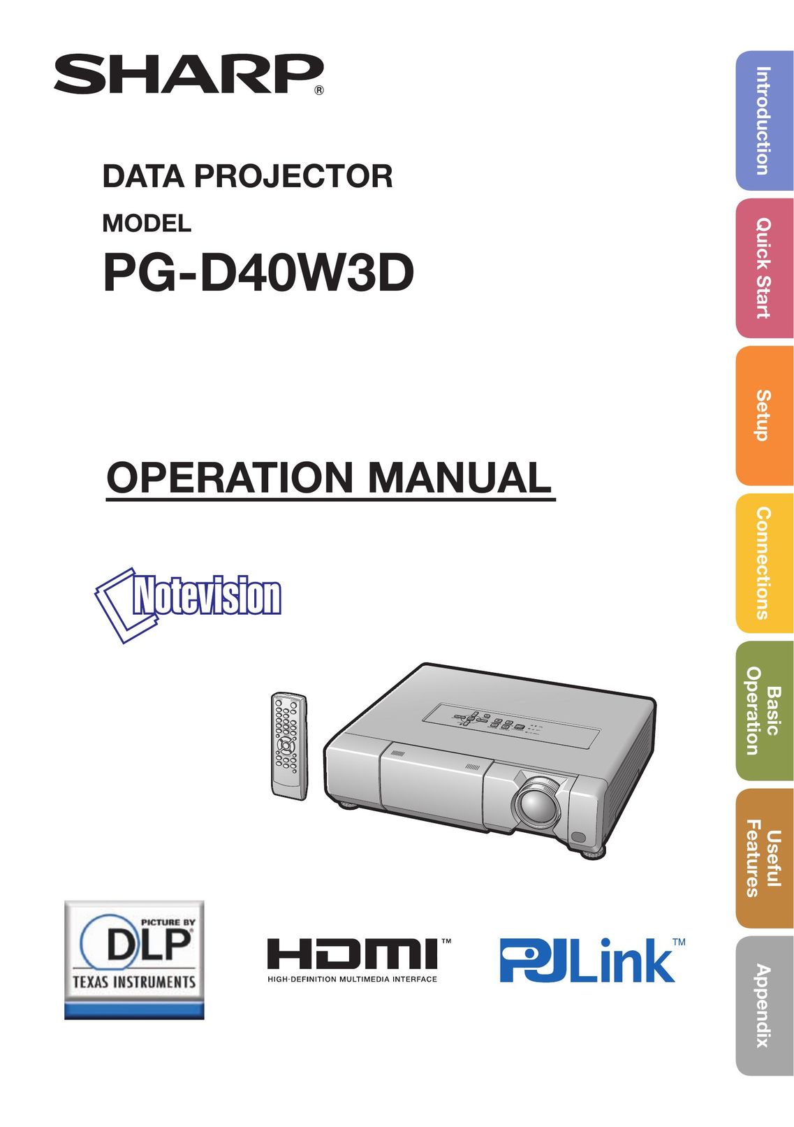 Sharp PG-D40W3D Projector User Manual