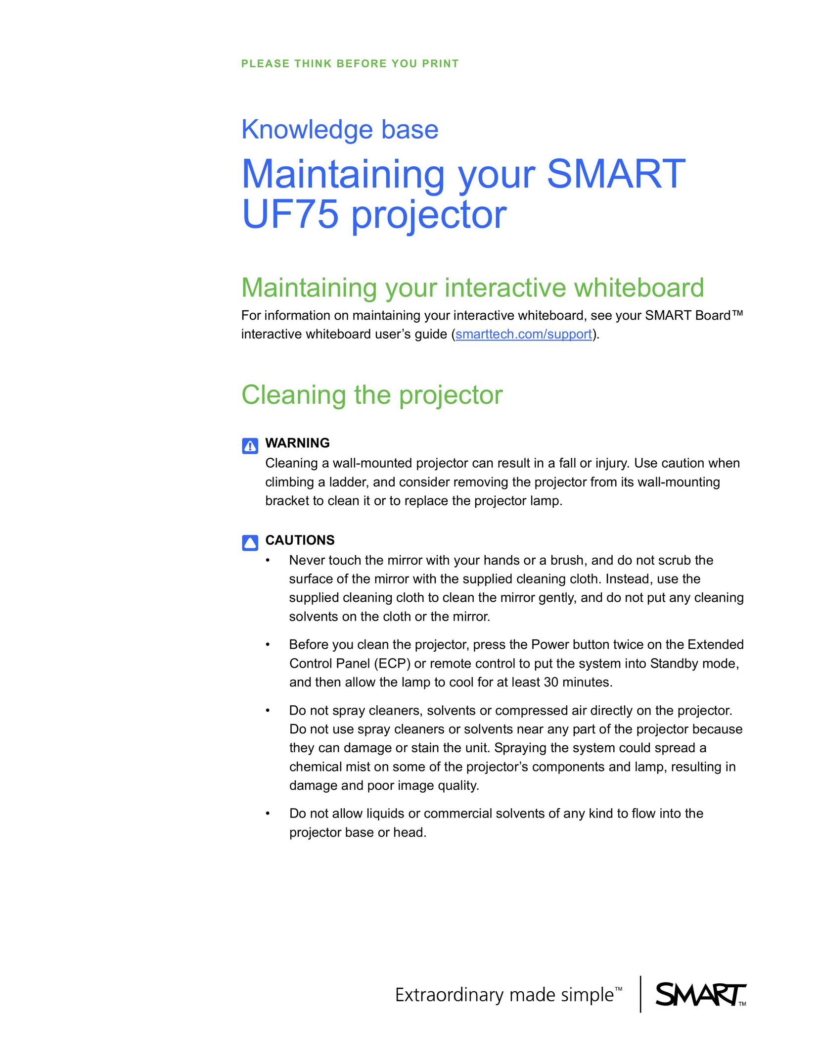 Smart Technologies UF75 Projector User Manual