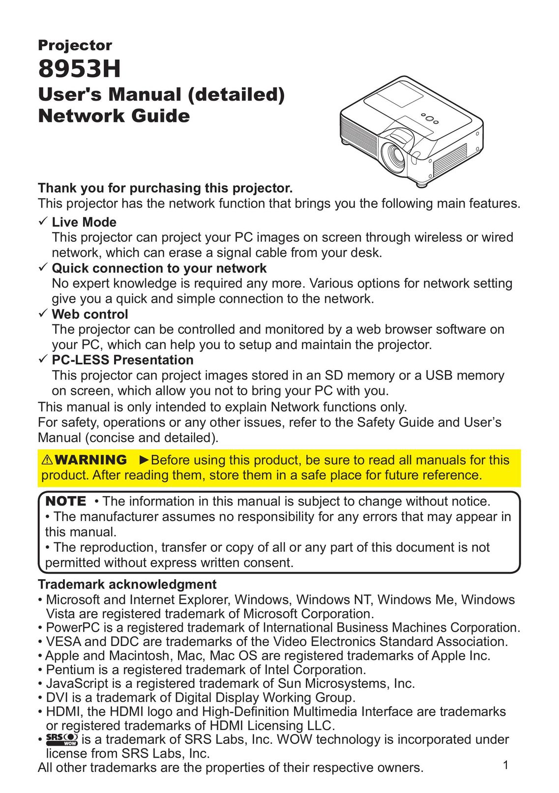 SRS Labs 8953H Projector User Manual