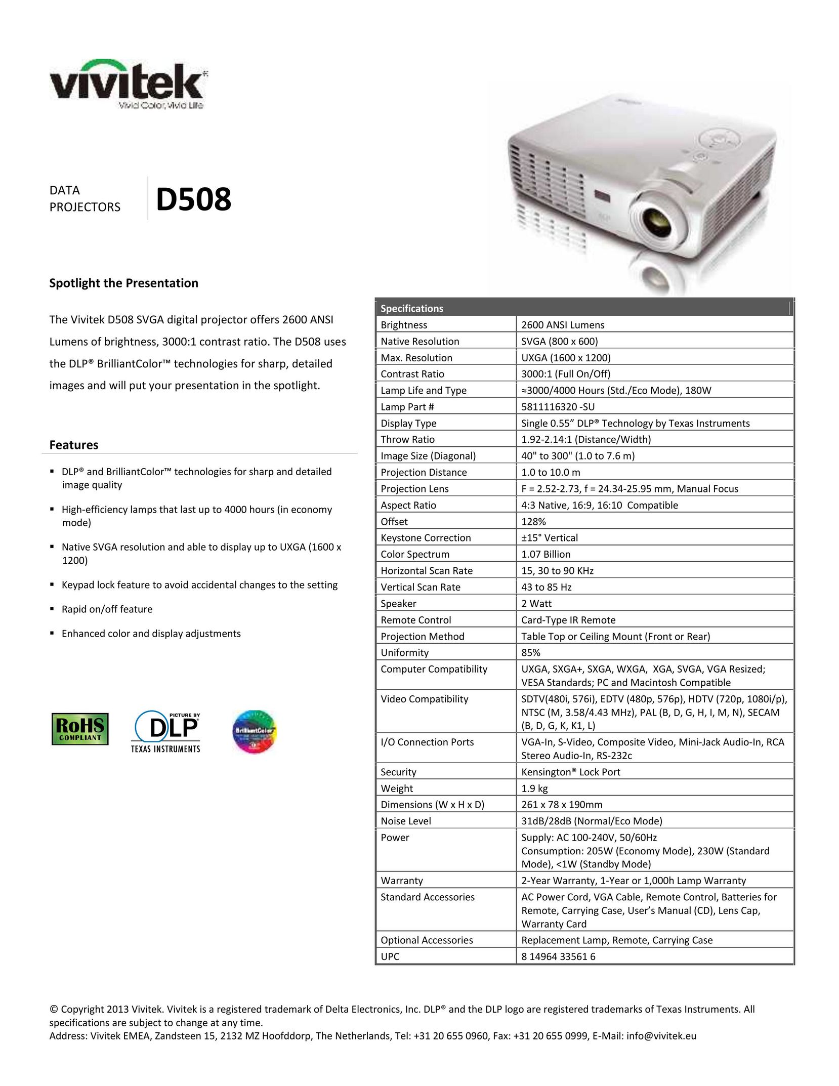 Vivitek D508 Projector User Manual