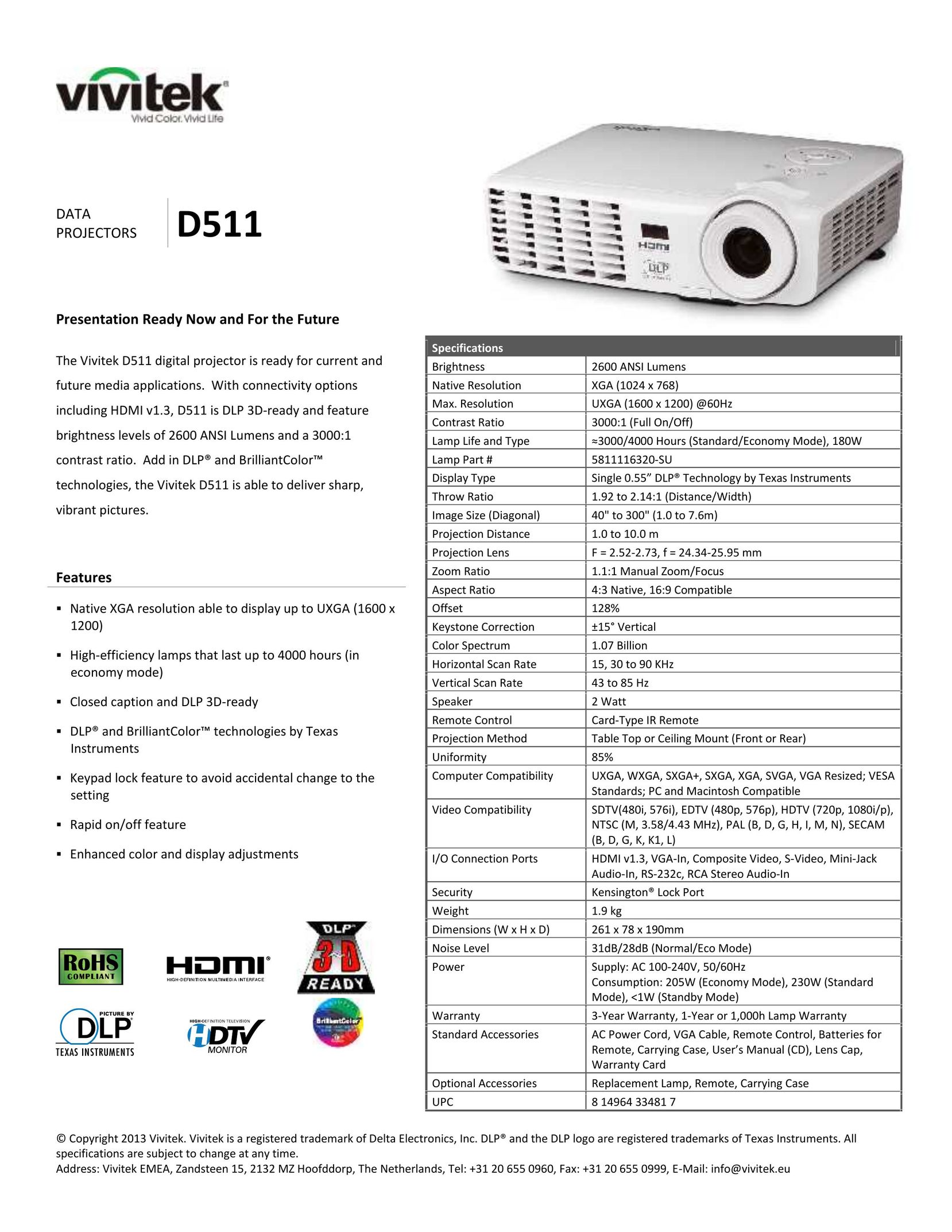 Vivitek D511 Projector User Manual