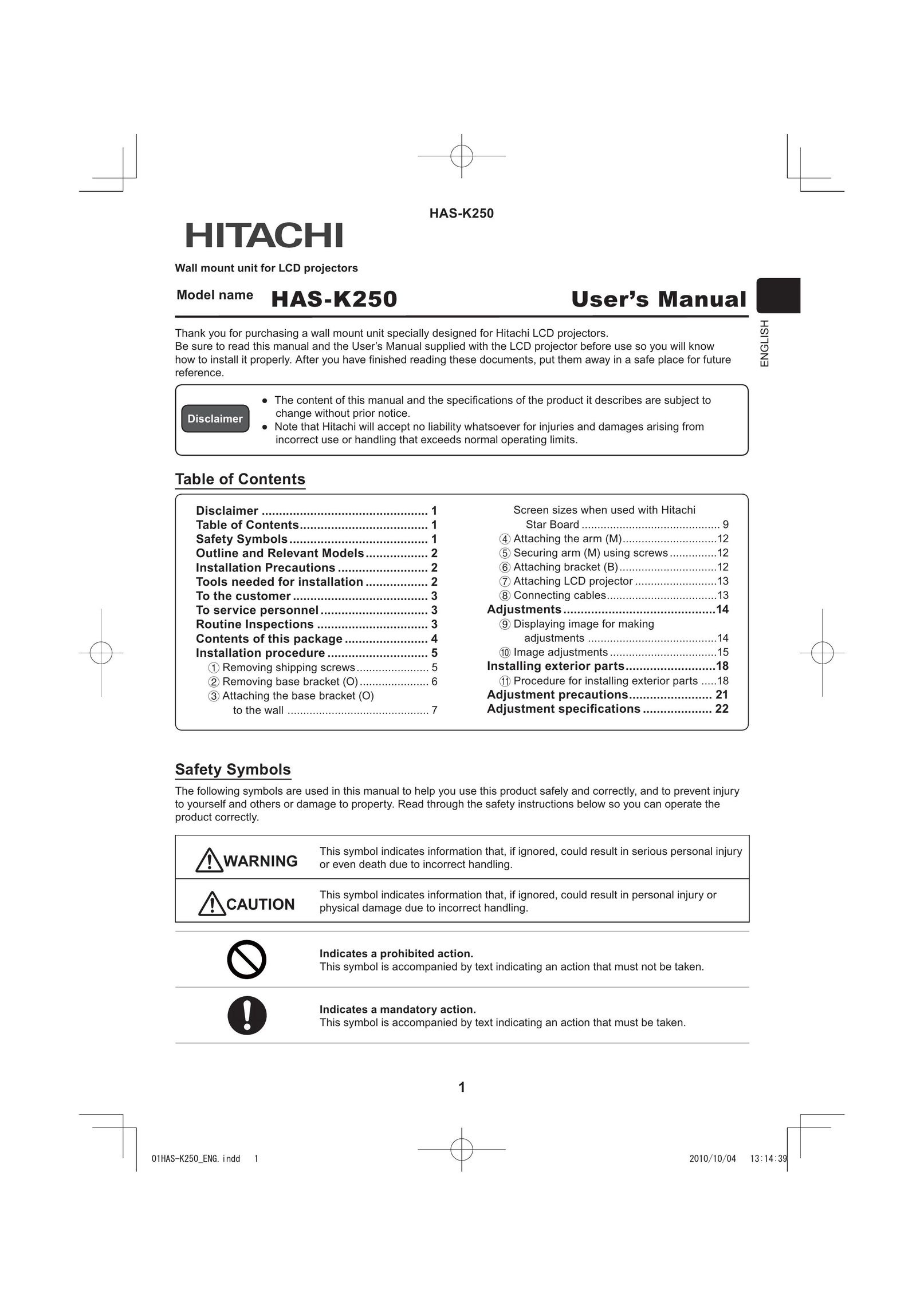 Hitachi HAS-K250 Projector Accessories User Manual