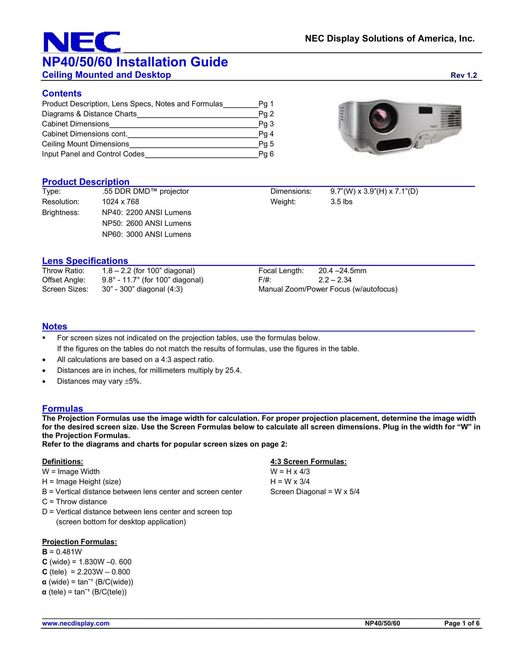 NEC 60 Projector Accessories User Manual
