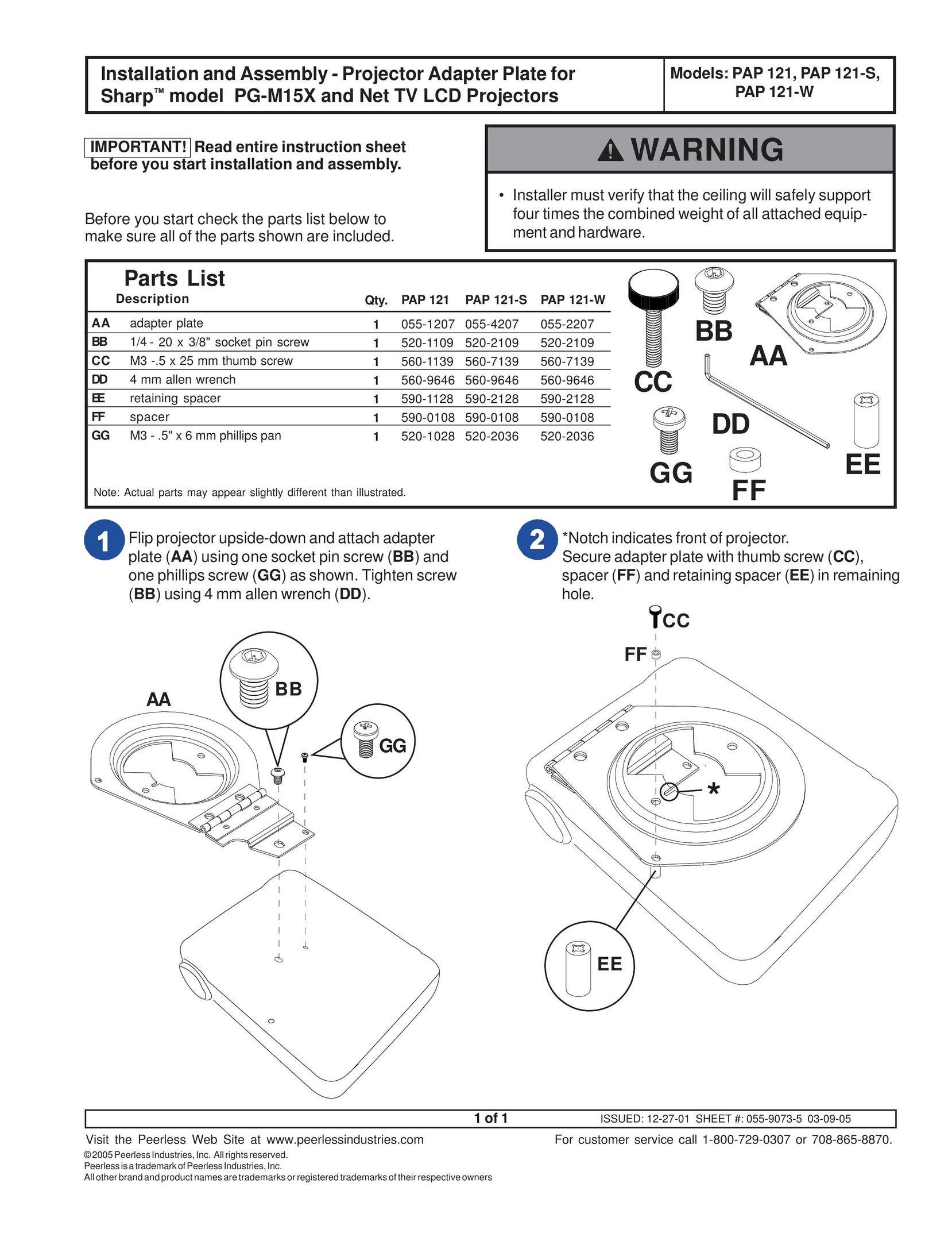 Peerless Industries PAP 121 Projector Accessories User Manual