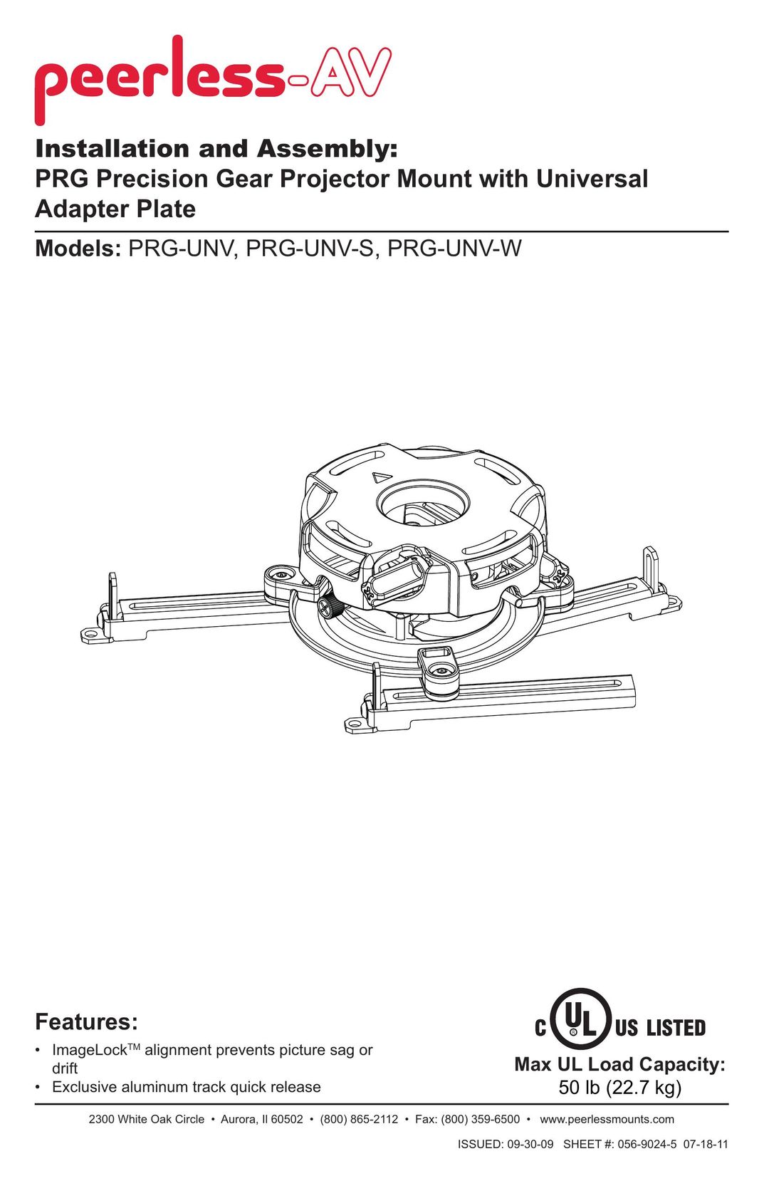 Peerless Industries PRG-UNV-S Projector Accessories User Manual