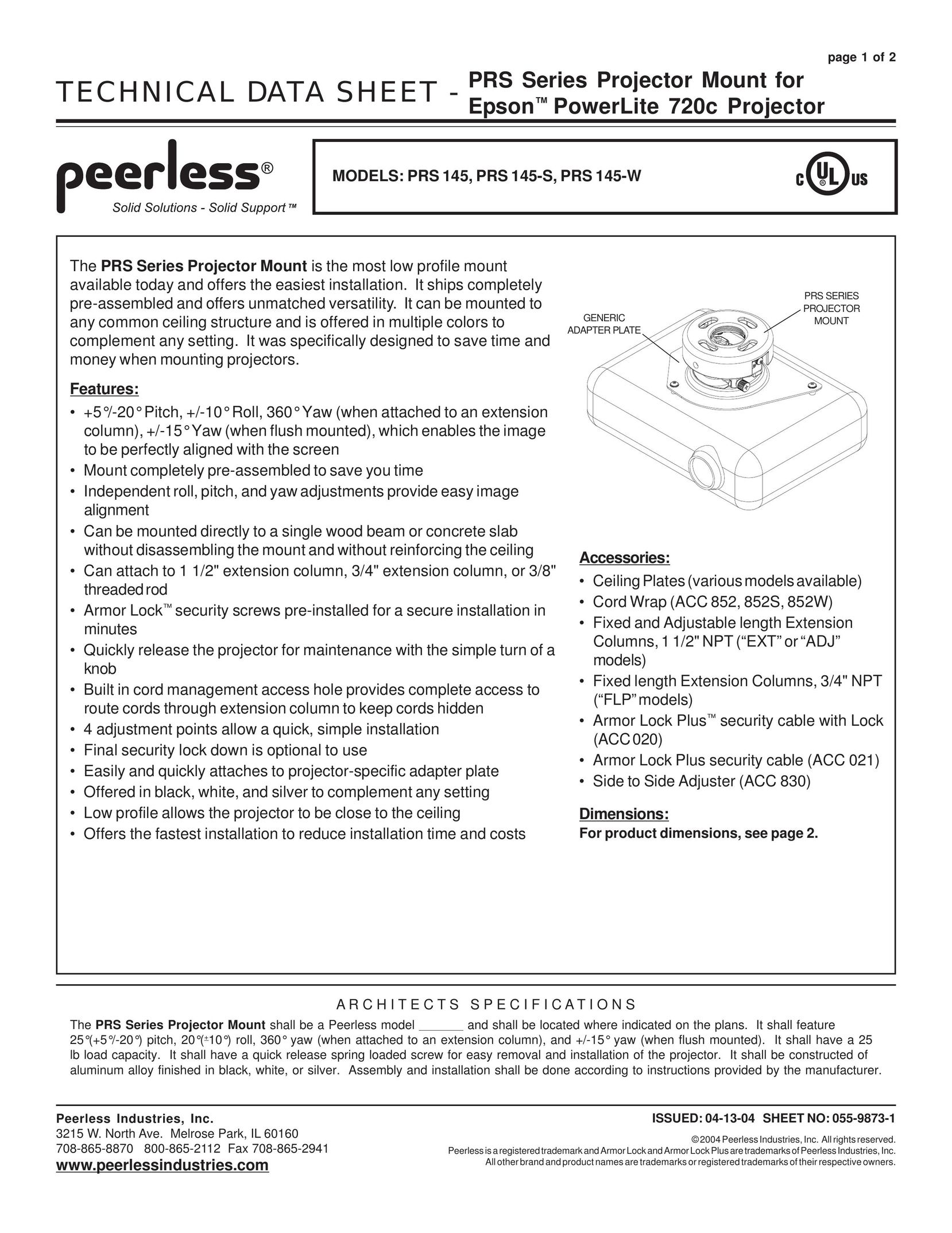 Peerless Industries PRS 145-S Projector Accessories User Manual