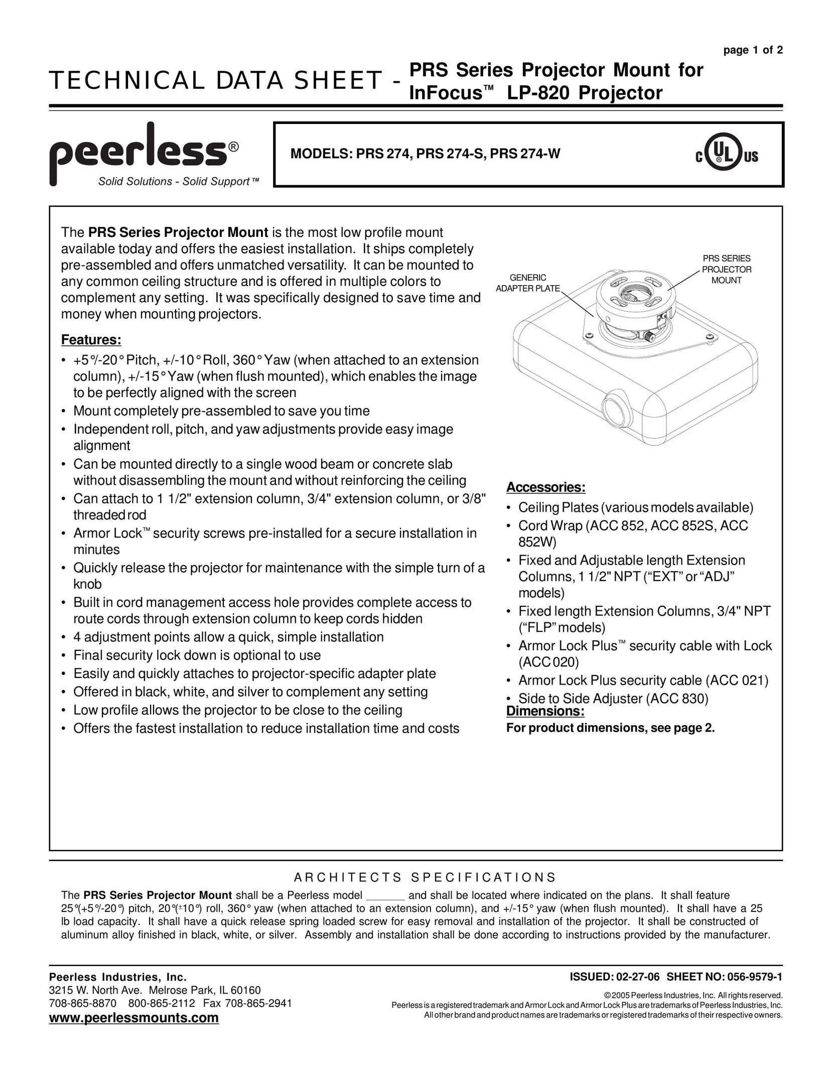 Peerless Industries PRS 274-S Projector Accessories User Manual