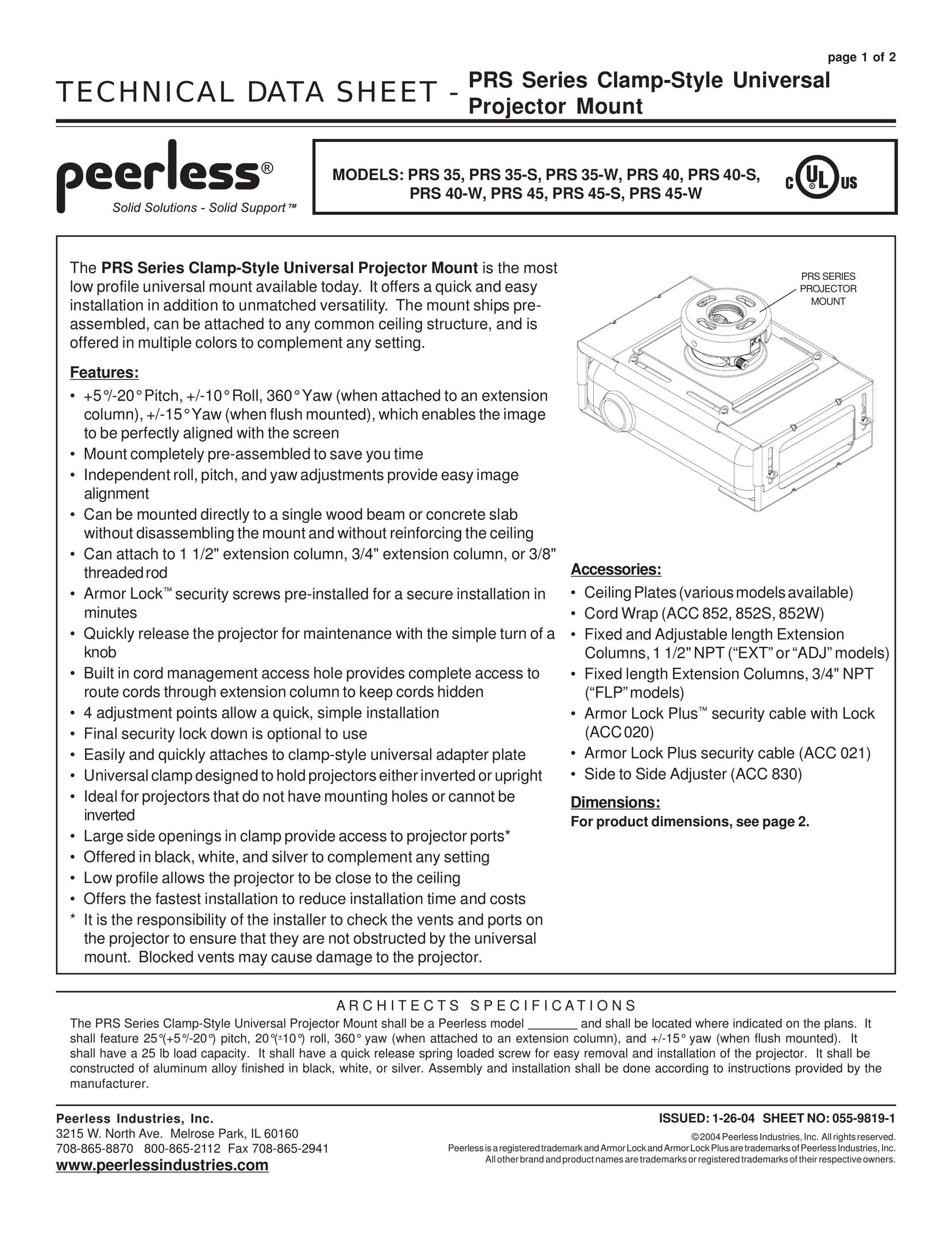 Peerless Industries PRS 35-W Projector Accessories User Manual