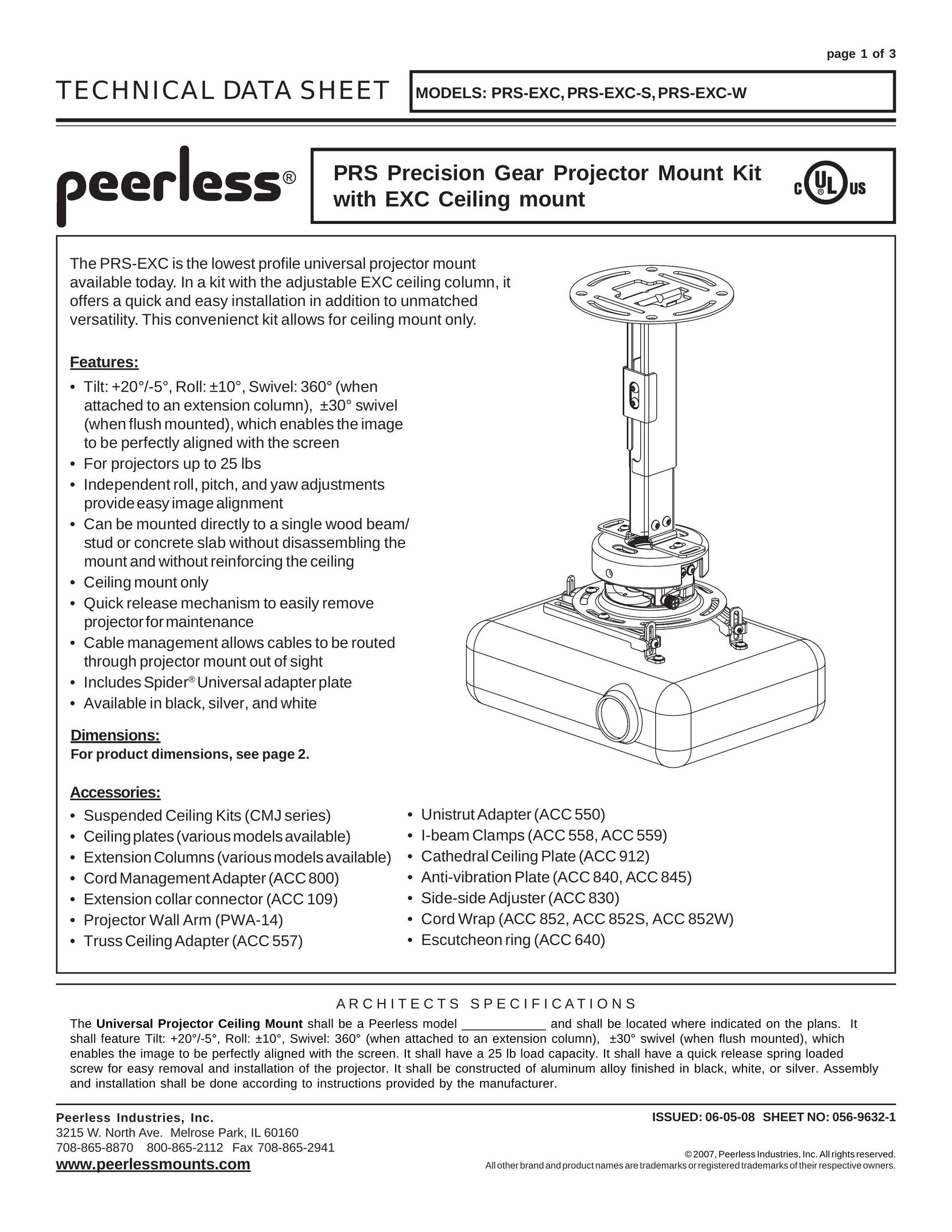 Peerless Industries PRS-EXC-W Projector Accessories User Manual