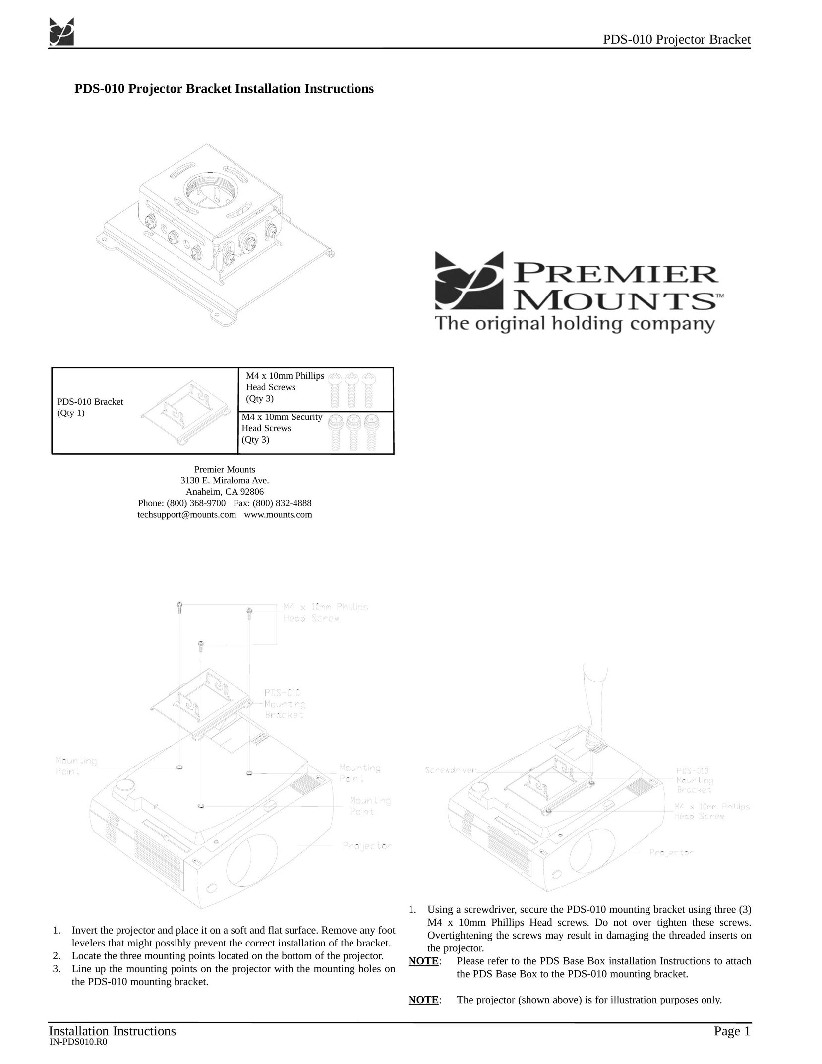 Premier Mounts PDS-010 Projector Accessories User Manual