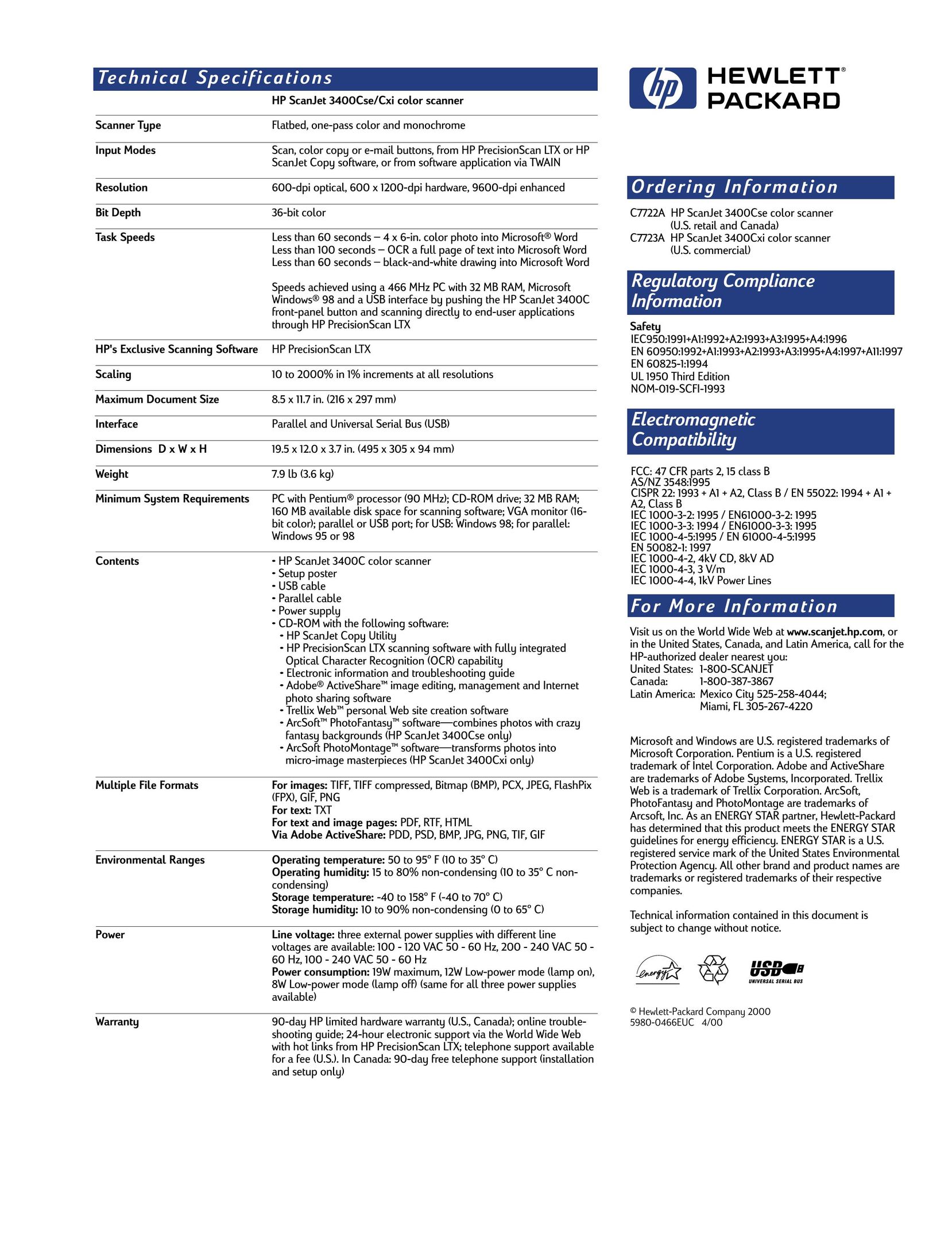 HP (Hewlett-Packard) 3400Cxi Scanner User Manual
