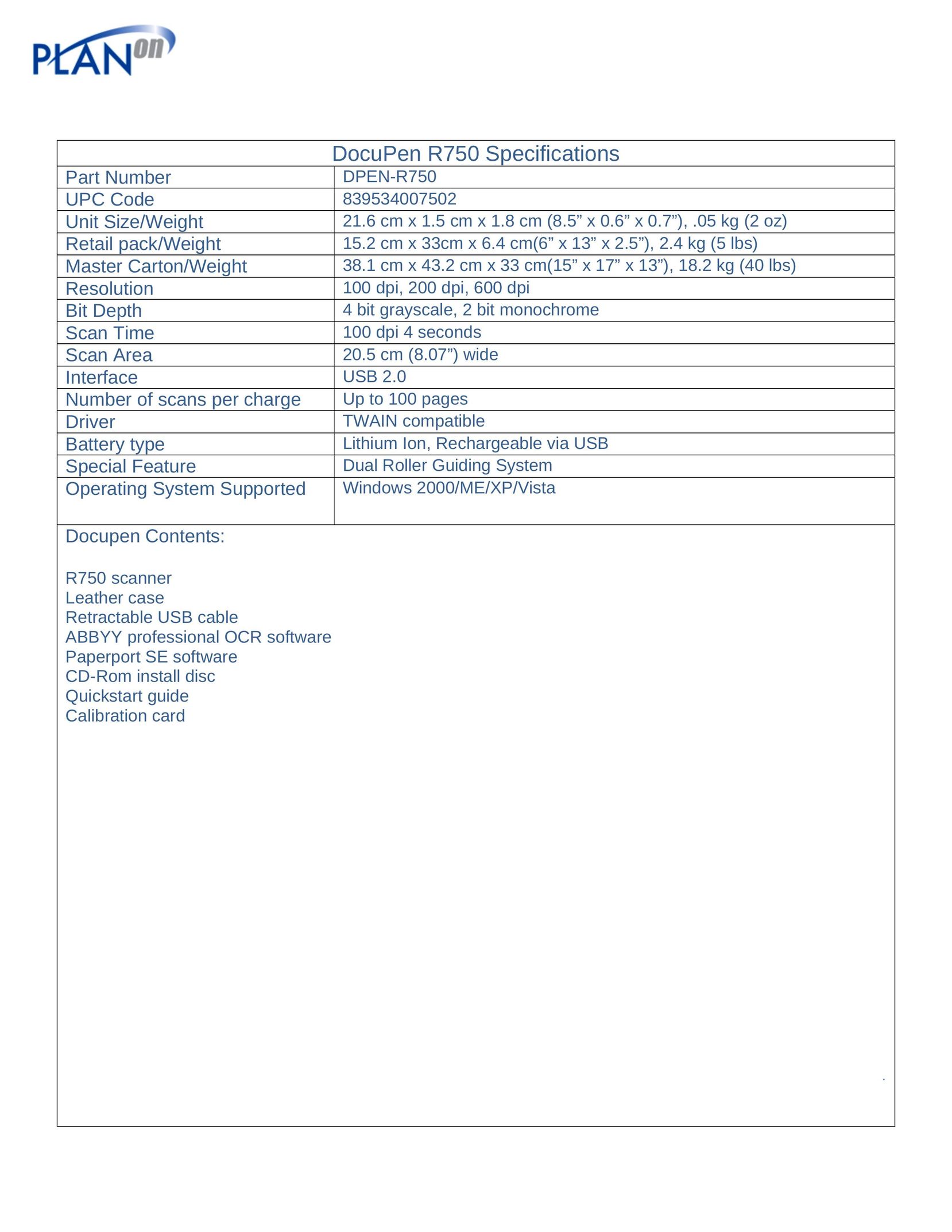 Planon System Solutions DPEN-R750 Scanner User Manual