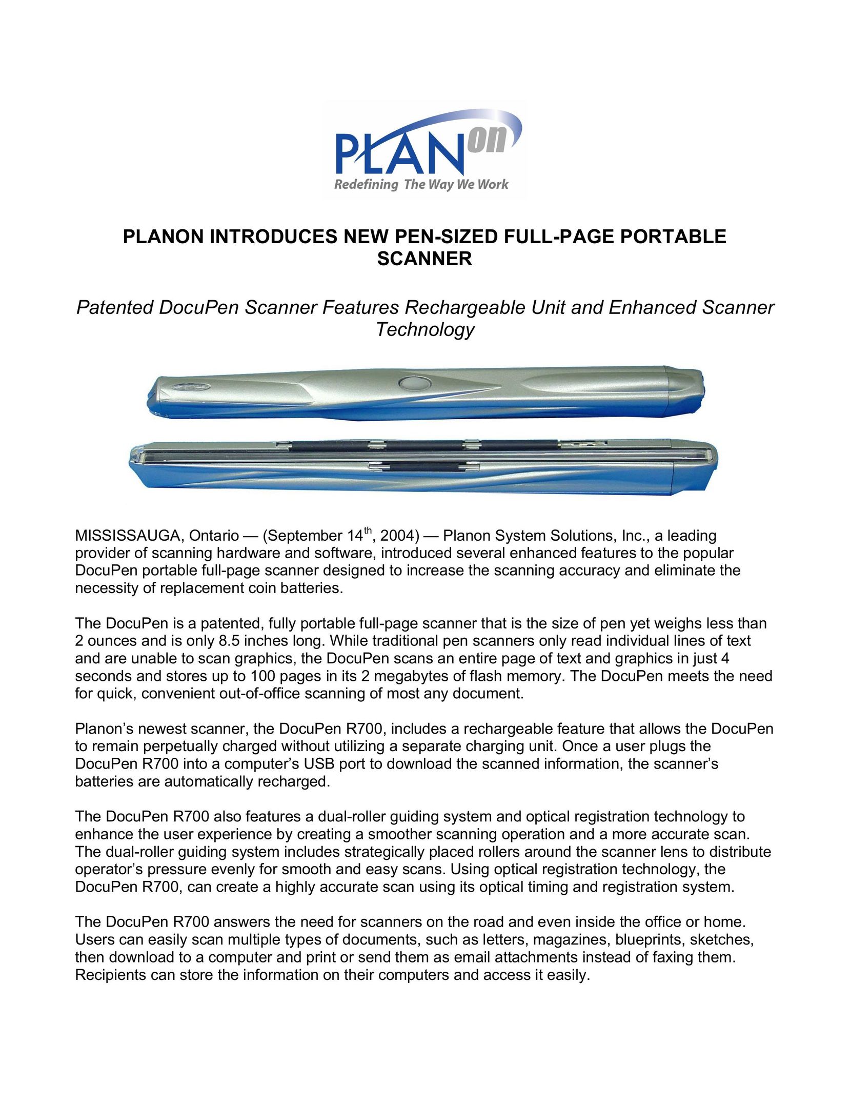 Planon System Solutions Pen-Sized Full-Page Portable Scanner Scanner User Manual