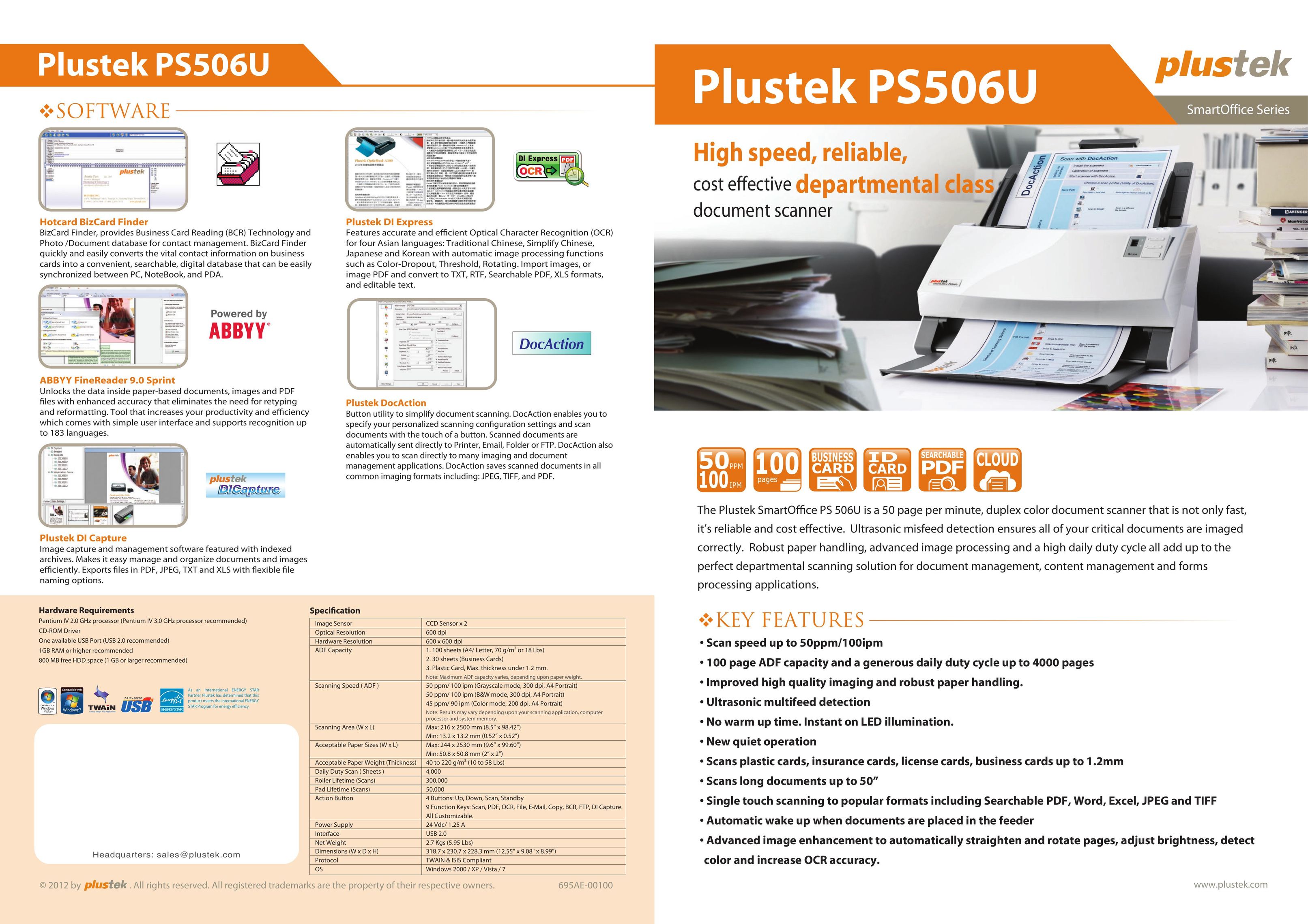Plustek Plustek SmartOffice Series High speed, reliable, cost effective departmental class document scanner Scanner User Manual