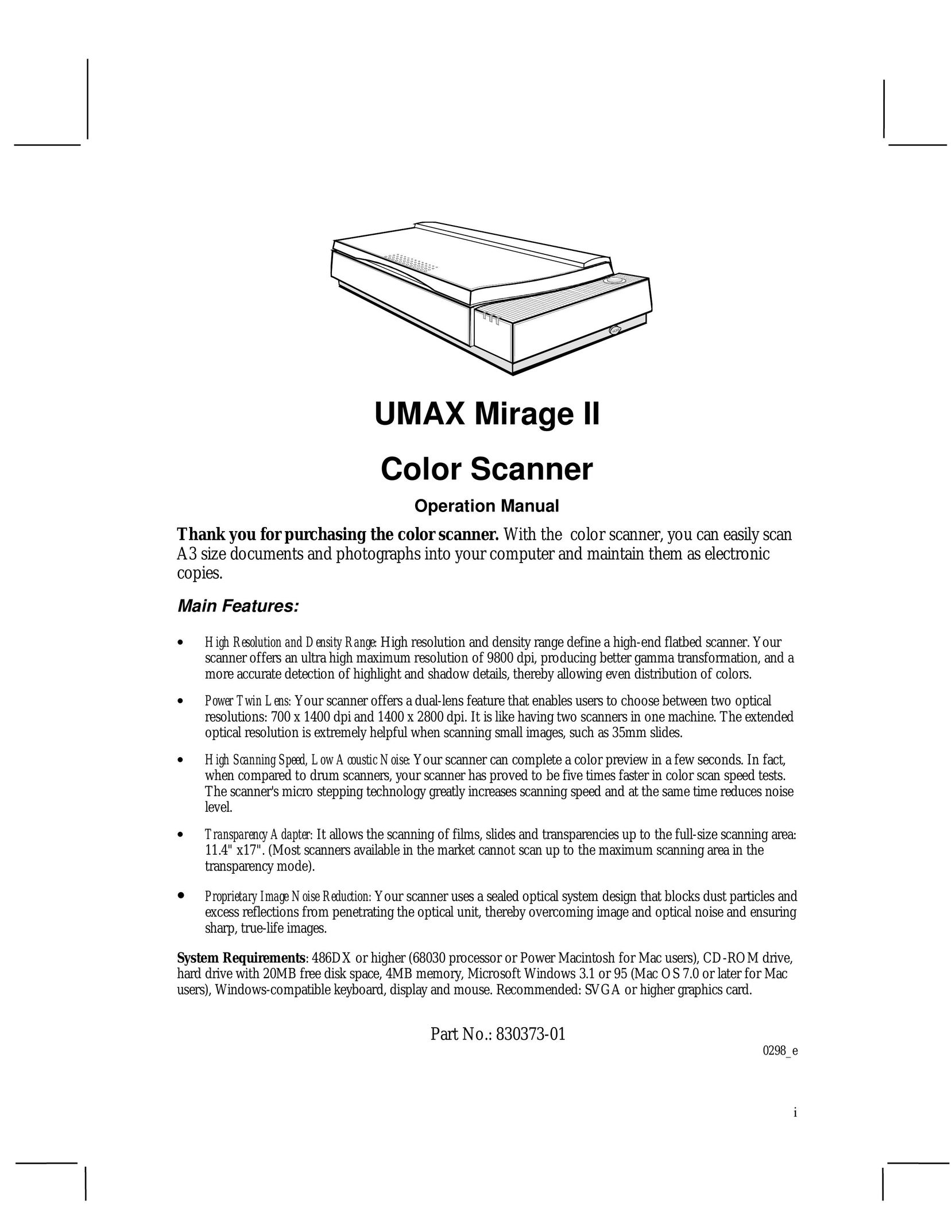 UMAX Technologies Mirage II Scanner User Manual