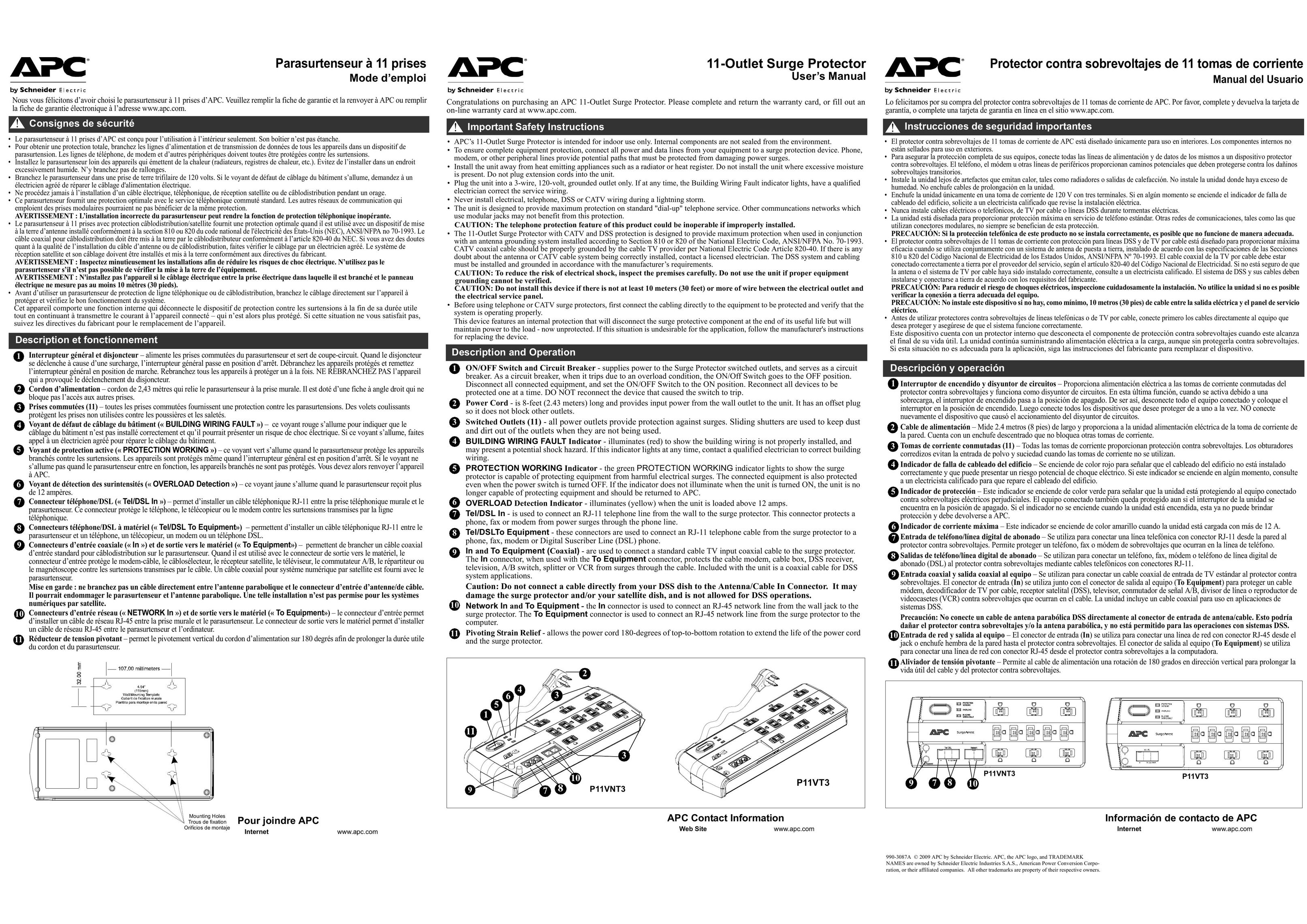 APC P11VNT3 Surge Protector User Manual