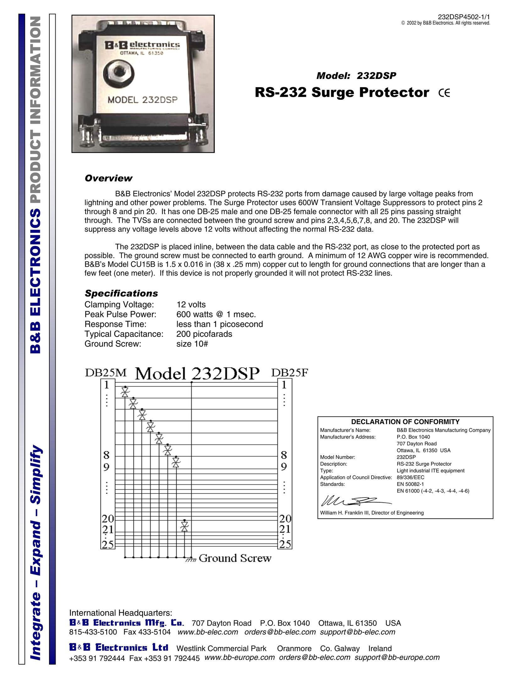 B&B Electronics 232DSP Surge Protector User Manual